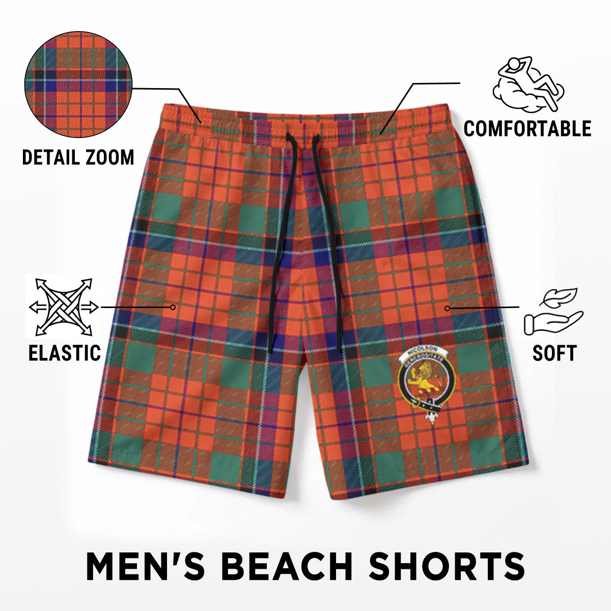 Nicolson Ancient Old Tartan Crest Men's Beach Shorts