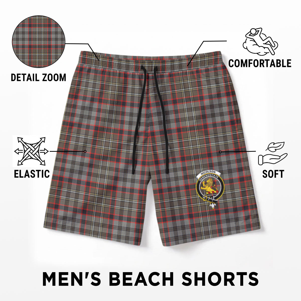 Nicolson Hunting Weathered Tartan Crest Men's Beach Shorts
