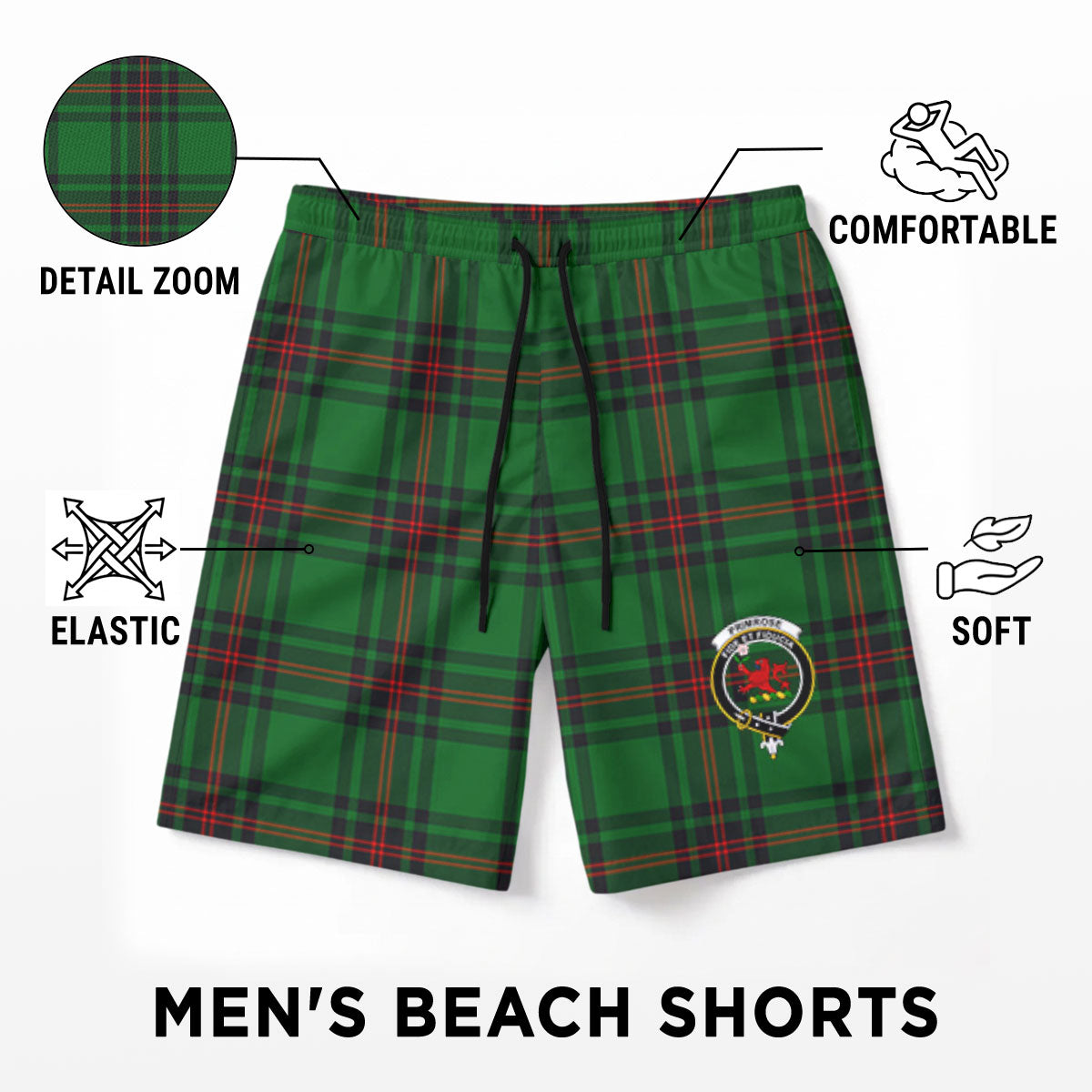 Primrose Tartan Crest Men's Beach Shorts