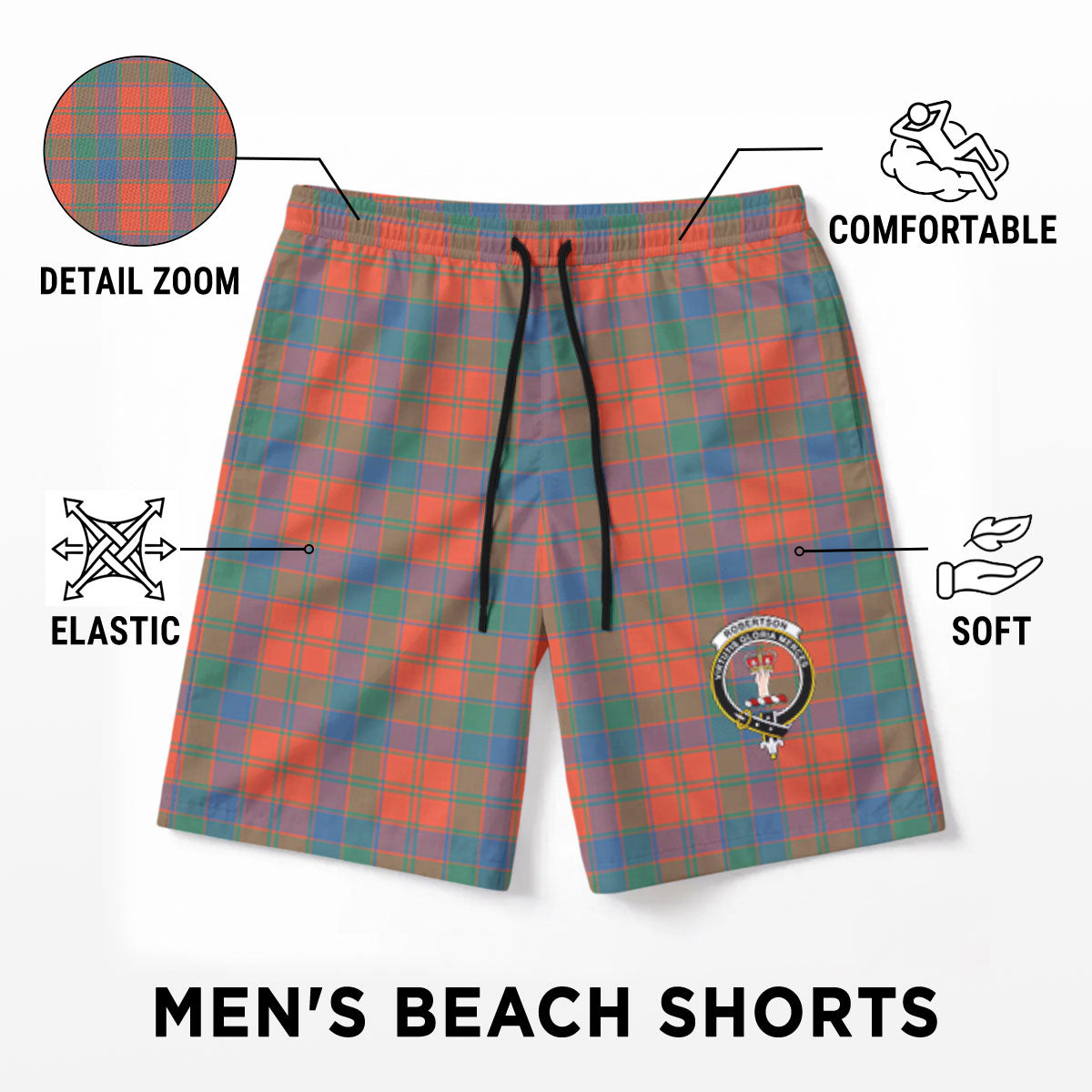 Robertson Ancient Tartan Crest Men's Beach Shorts