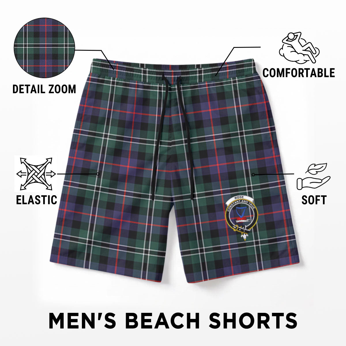 Rose Hunting Modern Tartan Crest Men's Beach Shorts