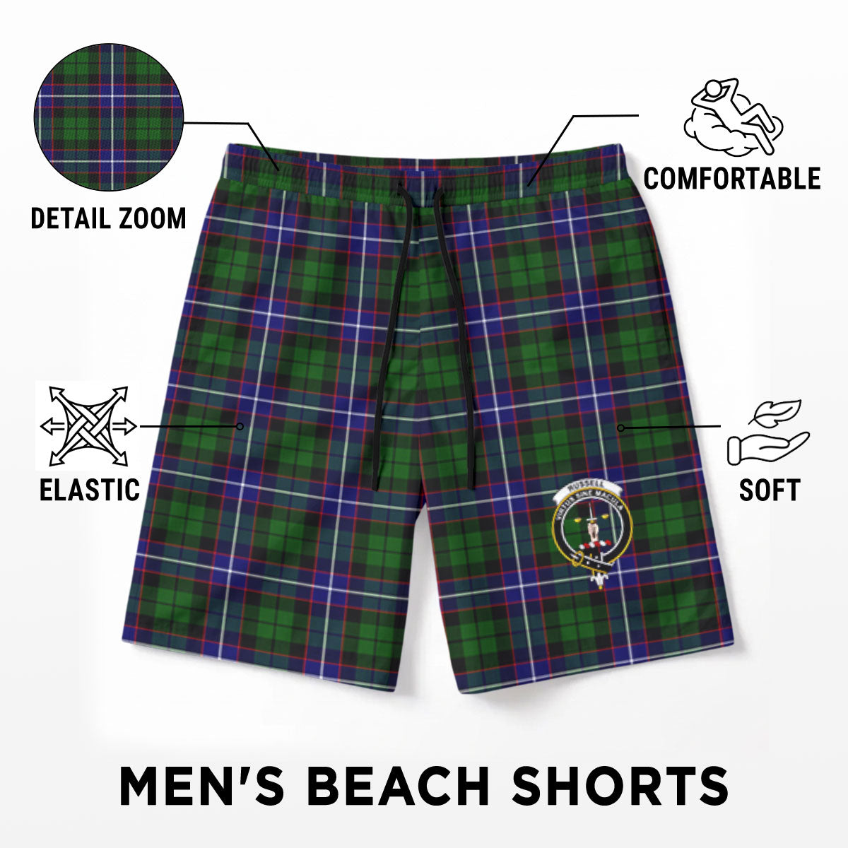 Russell Modern Tartan Crest Men's Beach Shorts