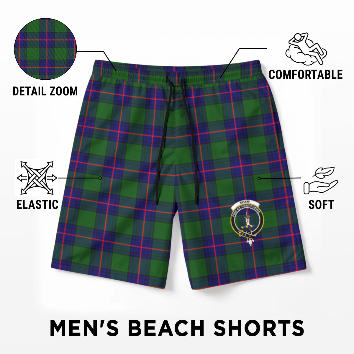 Shaw Modern Tartan Crest Men's Beach Shorts