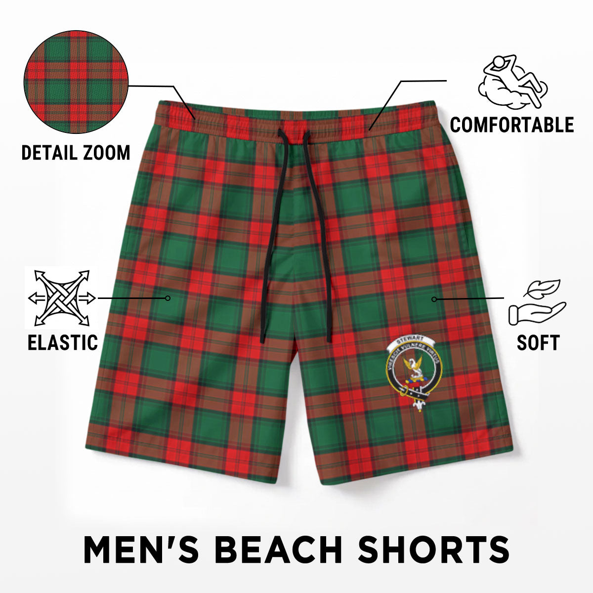 Stewart Atholl Modern Tartan Crest Men's Beach Shorts
