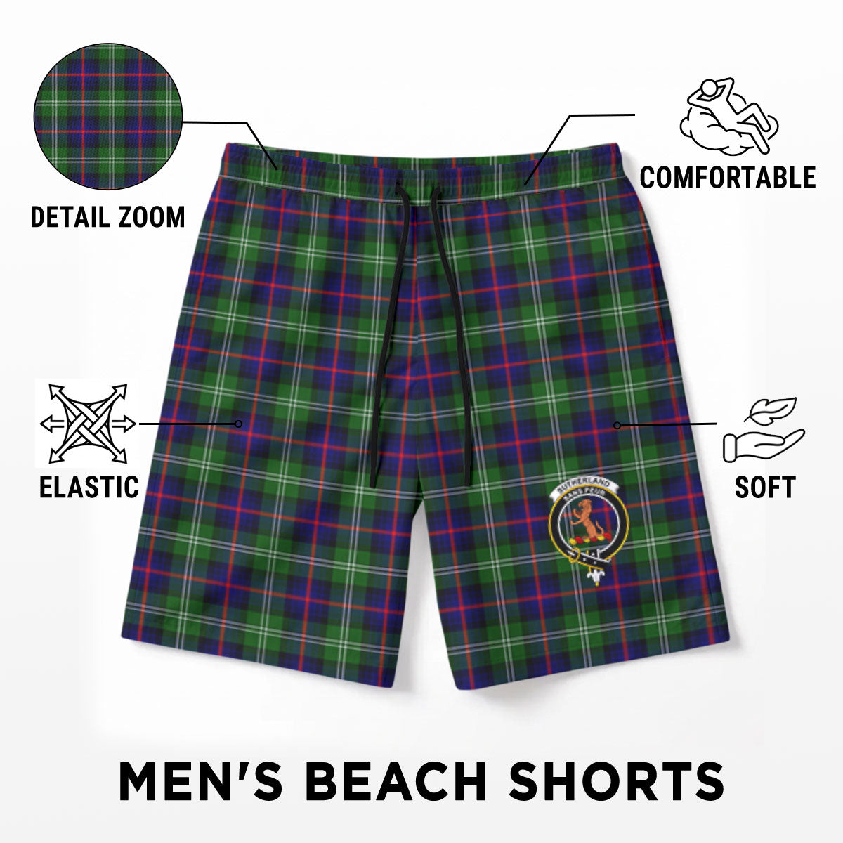 Sutherland Modern Tartan Crest Men's Beach Shorts