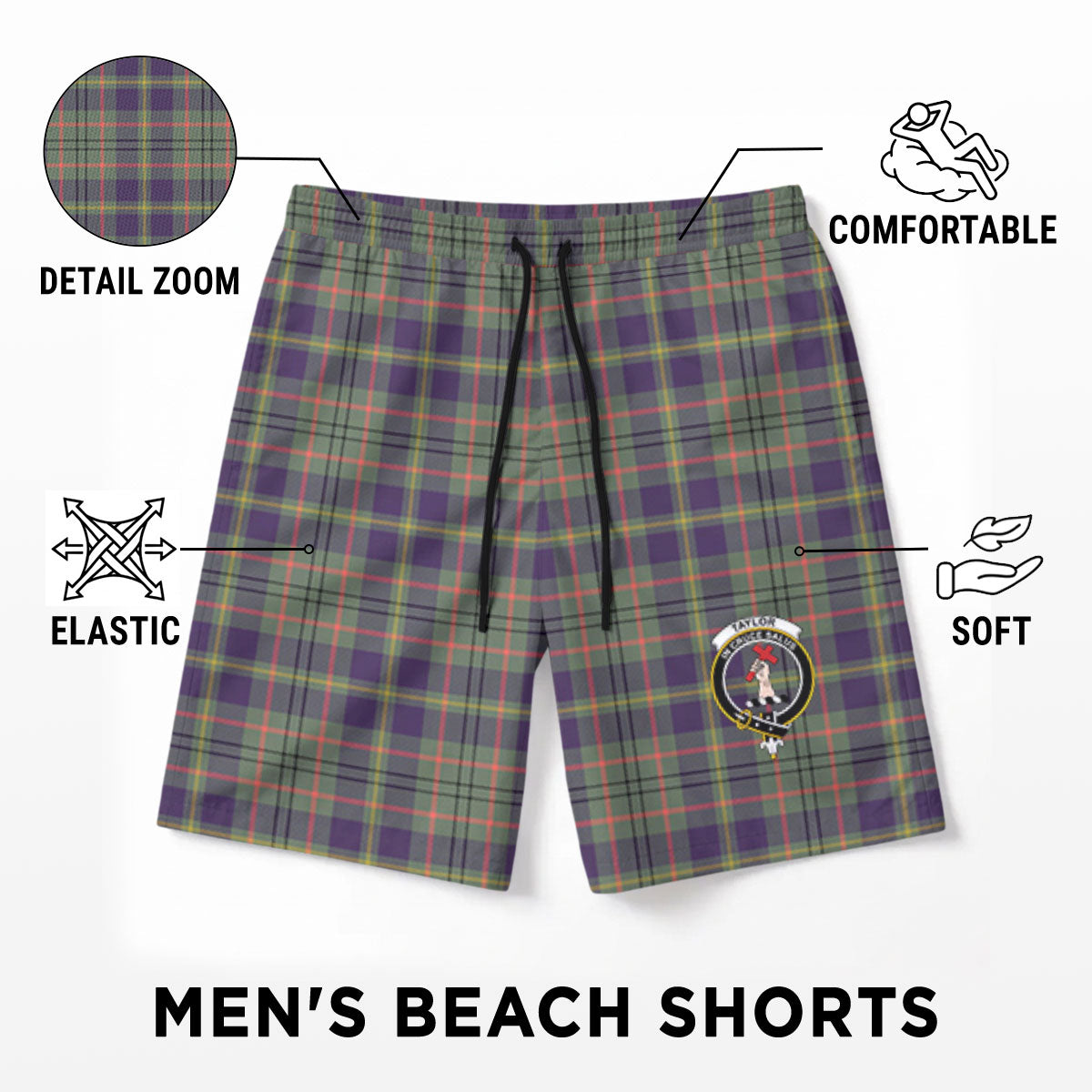Taylor Weathered Tartan Crest Men's Beach Shorts