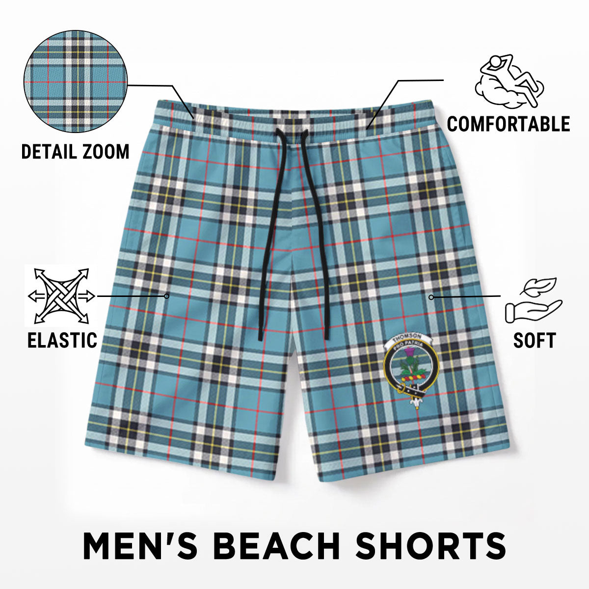 Thomson Blue Tartan Crest Men's Beach Shorts