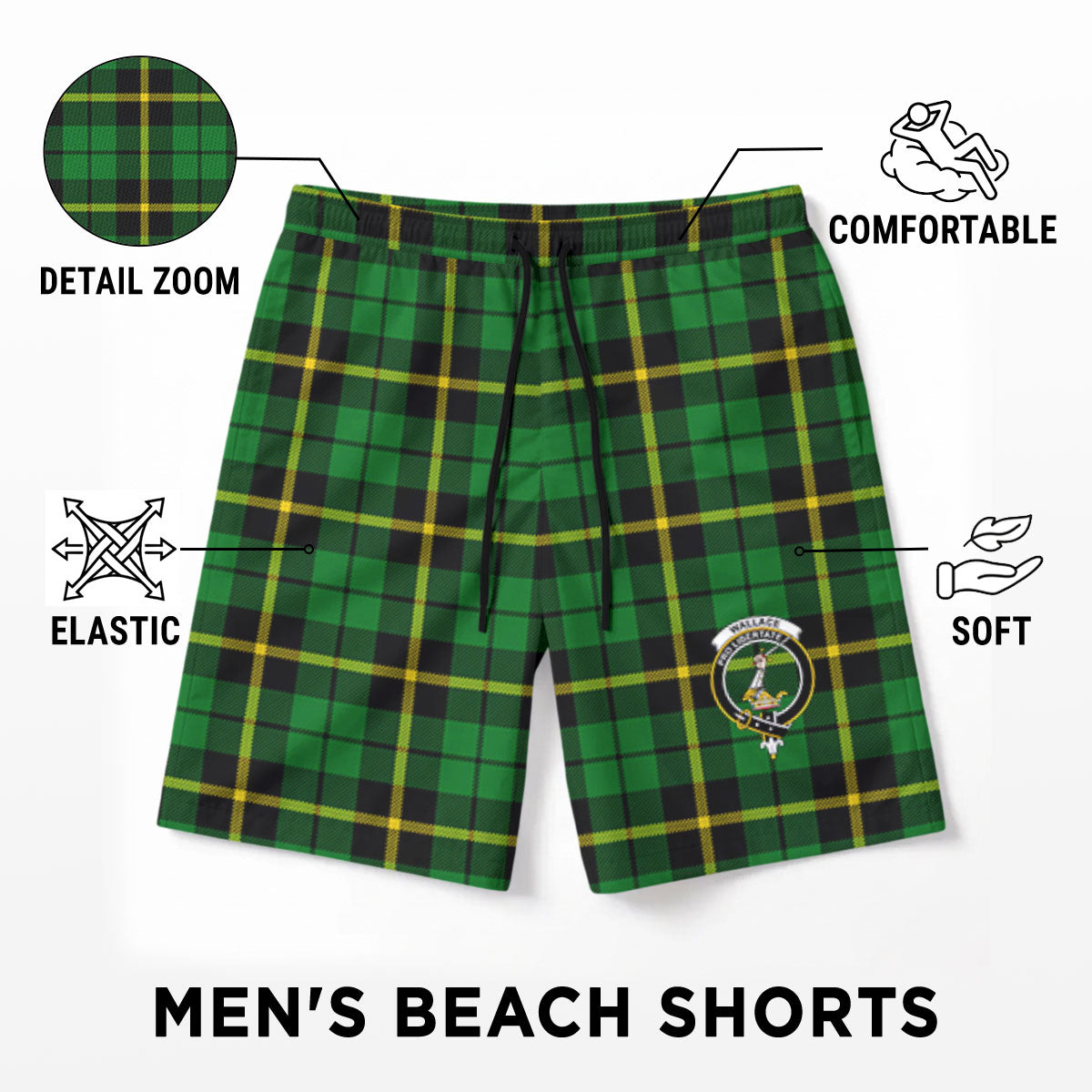 Wallace Hunting Modern Tartan Crest Men's Beach Shorts