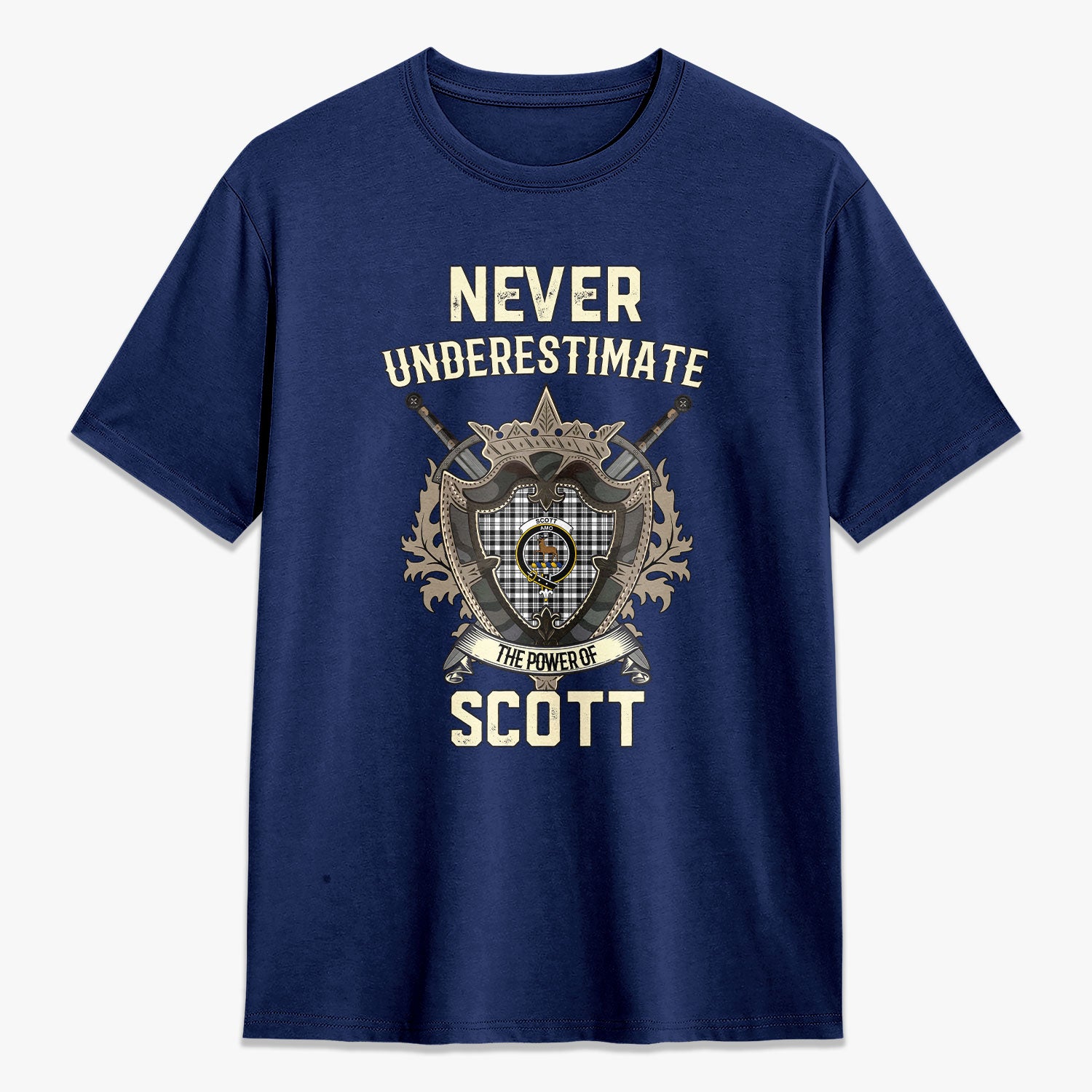 Scott Black & White Modern Tartan Crest 2D T-shirt - Never Underestimate Style