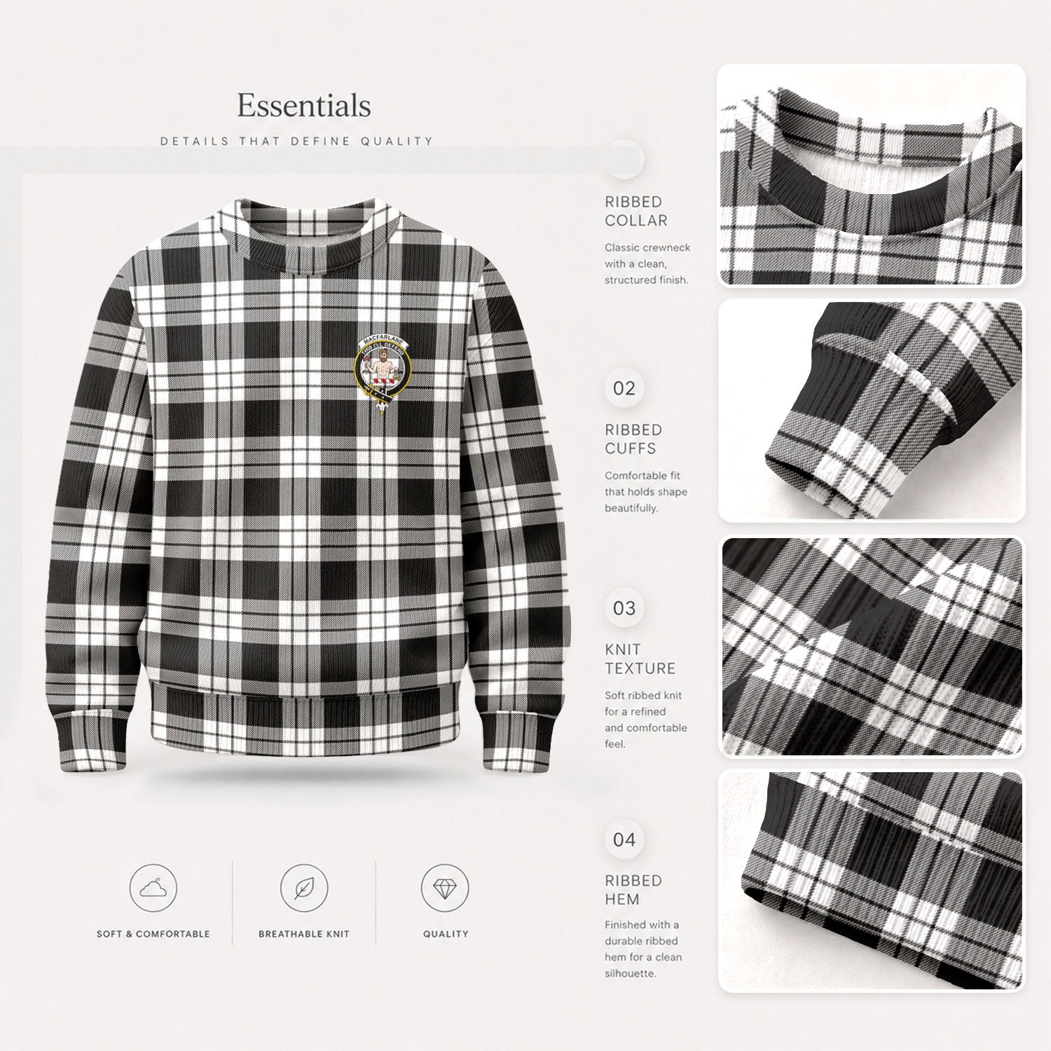 MacFarlane Black - White Tartan Crest Sweater