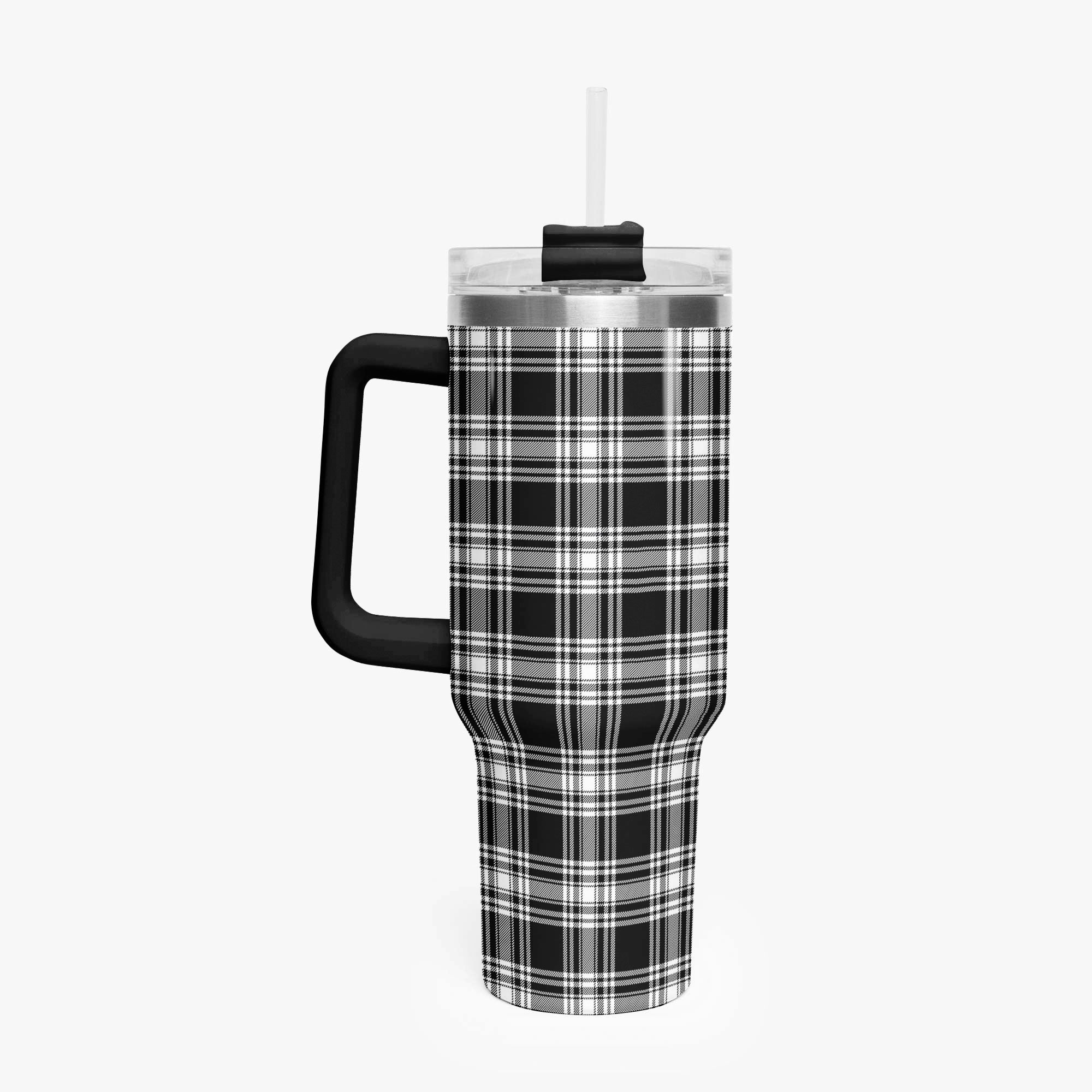 Menzies Black - White Modern Tartan Crest 40 oz Insulated Tumbler with Handle