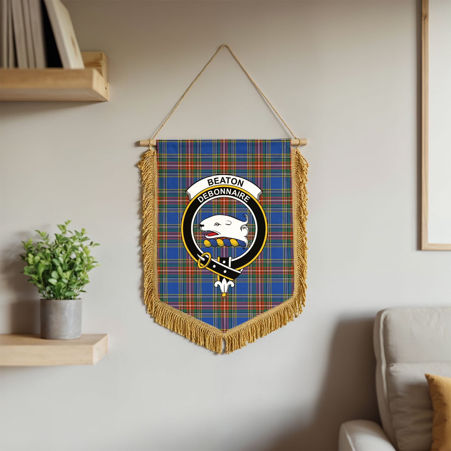 Beaton Ancient Tartan Crest Wall Hanging Banner - Wood Pole