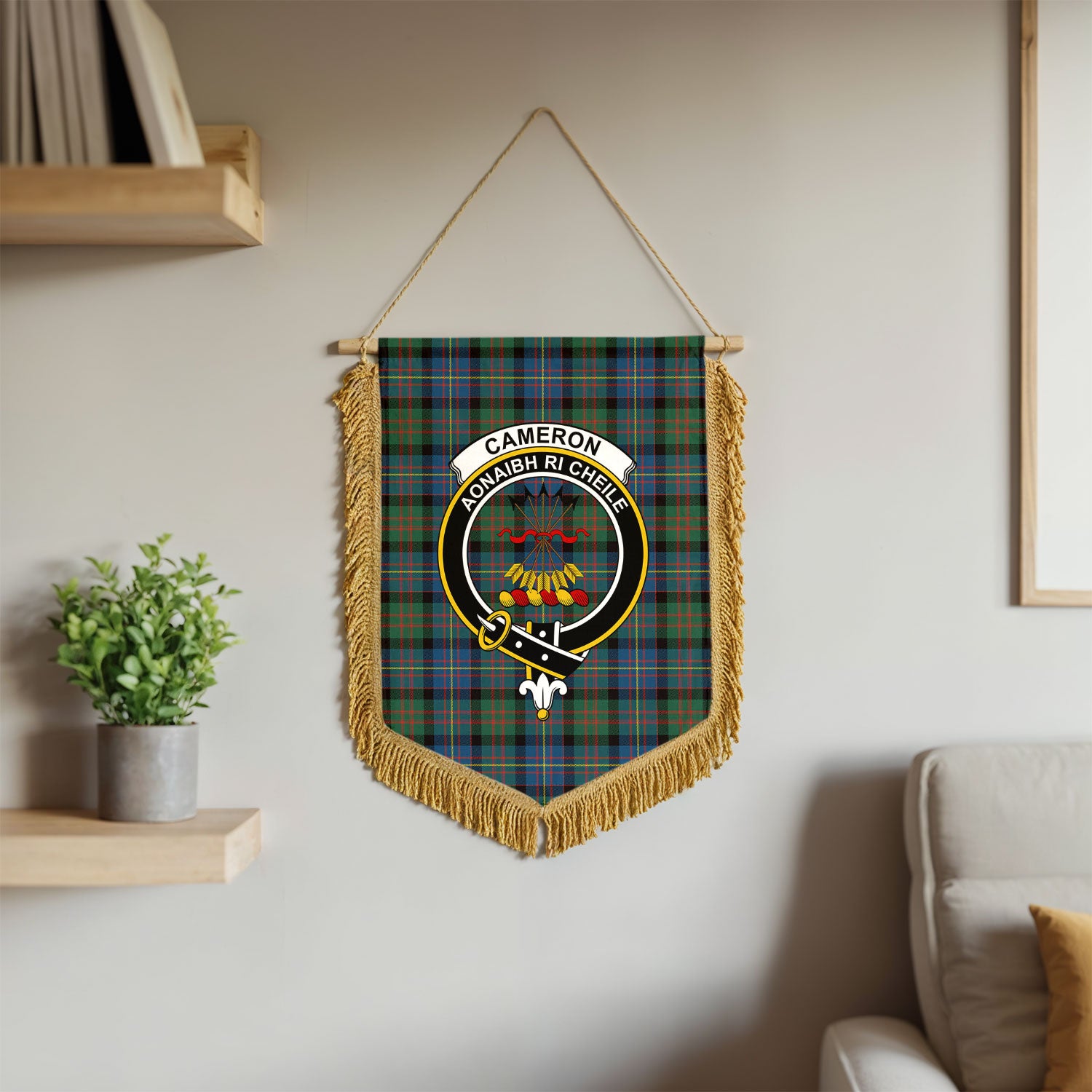 Cameron of Erracht Ancient Tartan Crest Wall Hanging Banner - Wood Pole