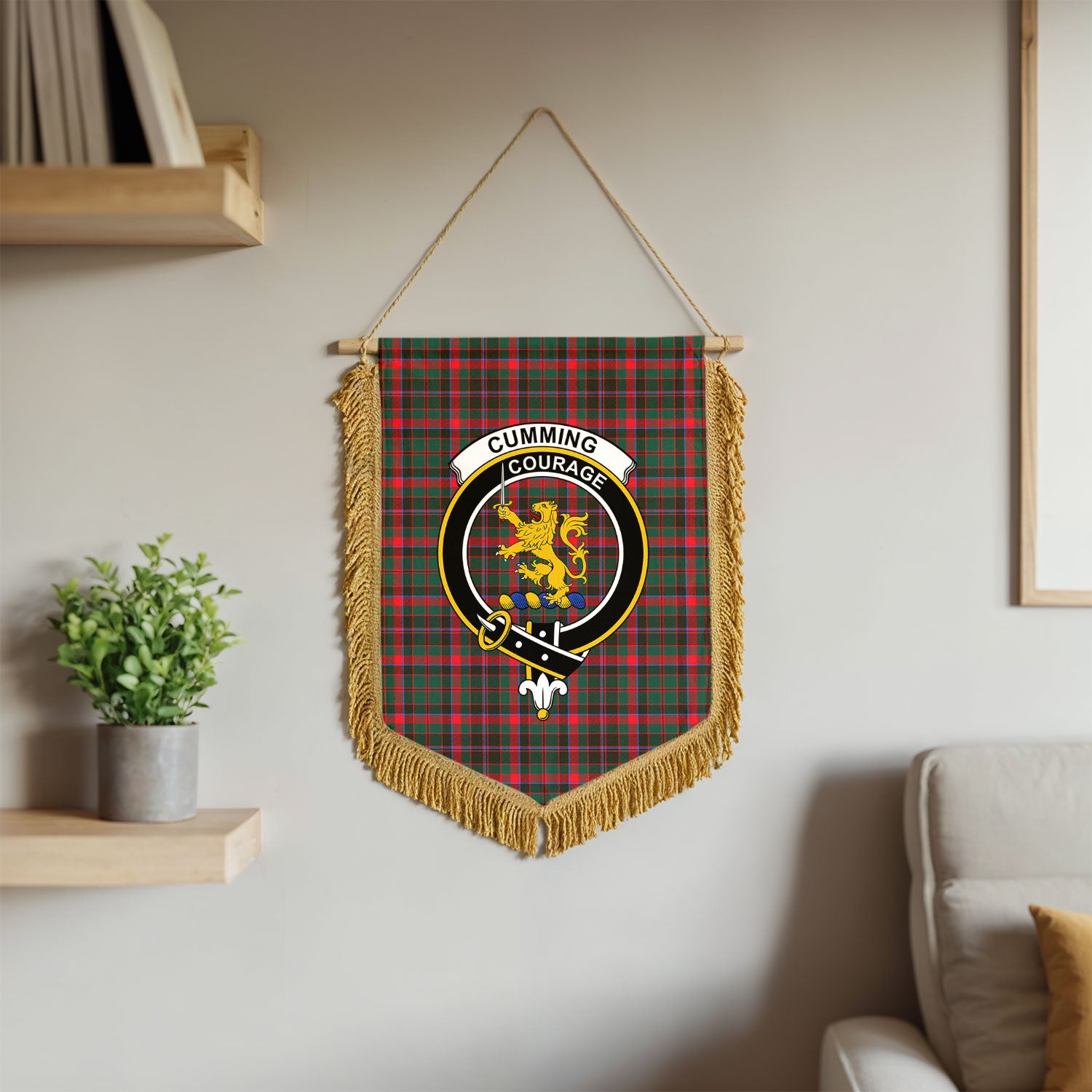 Cumming Hunting Modern Tartan Crest Wall Hanging Banner - Wood Pole
