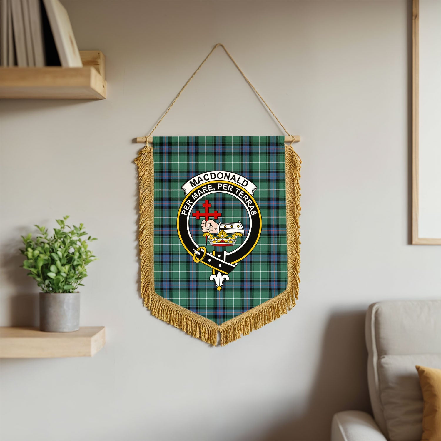 MacDonald of the Isles Hunting Ancient Tartan Crest Wall Hanging Banner - Wood Pole