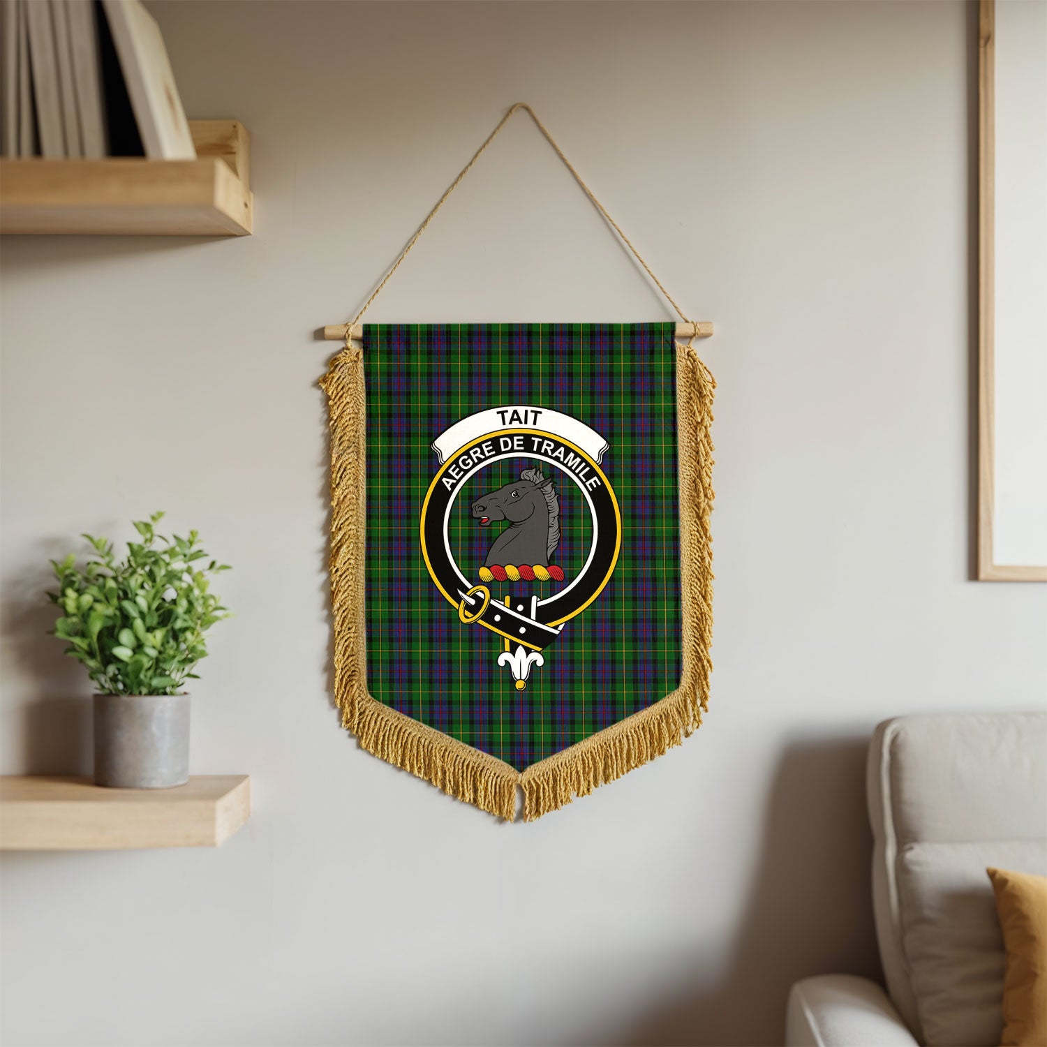 Tait Tartan Crest Wall Hanging Banner - Wood Pole