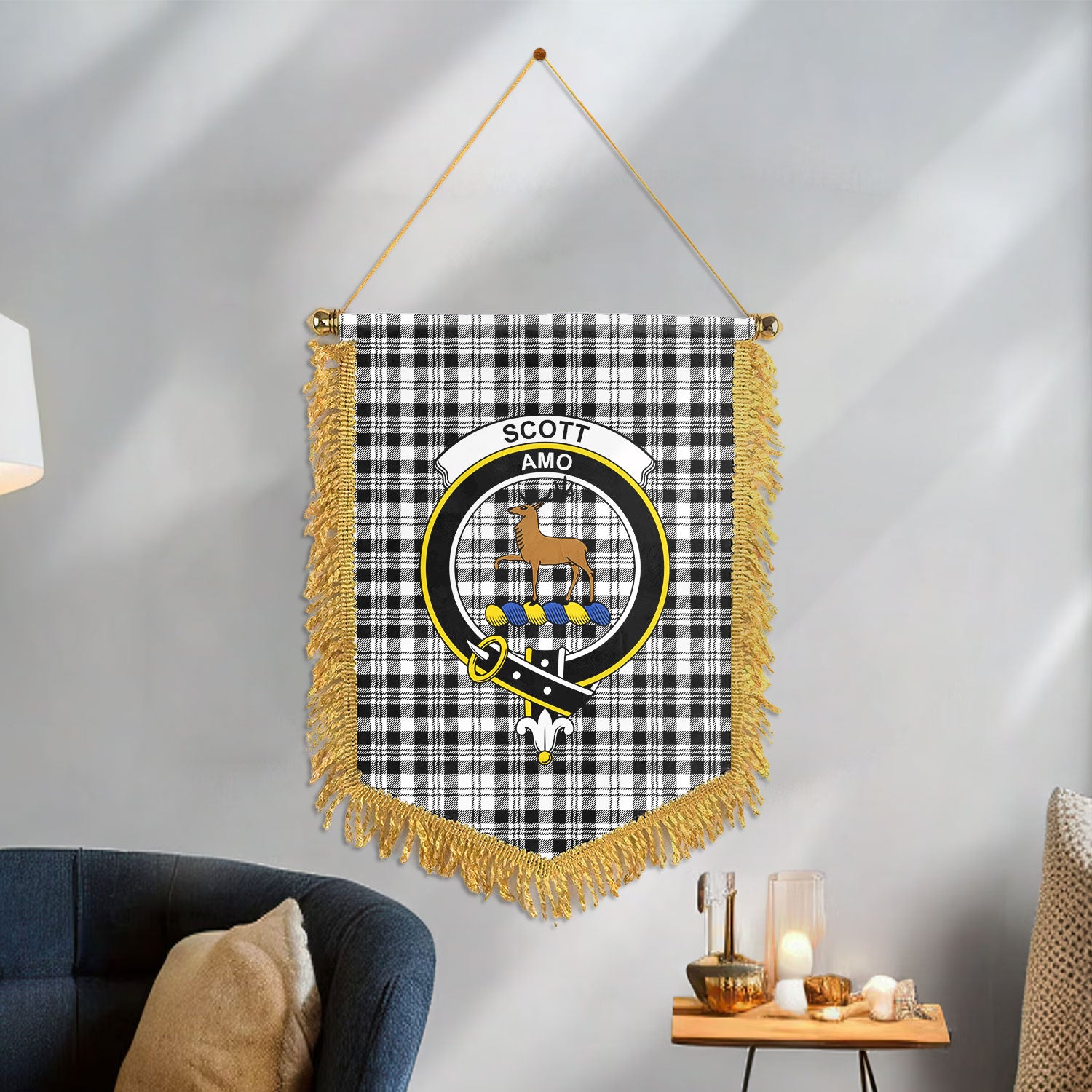 Scott Black & White Modern Tartan Crest Wall Hanging Banner