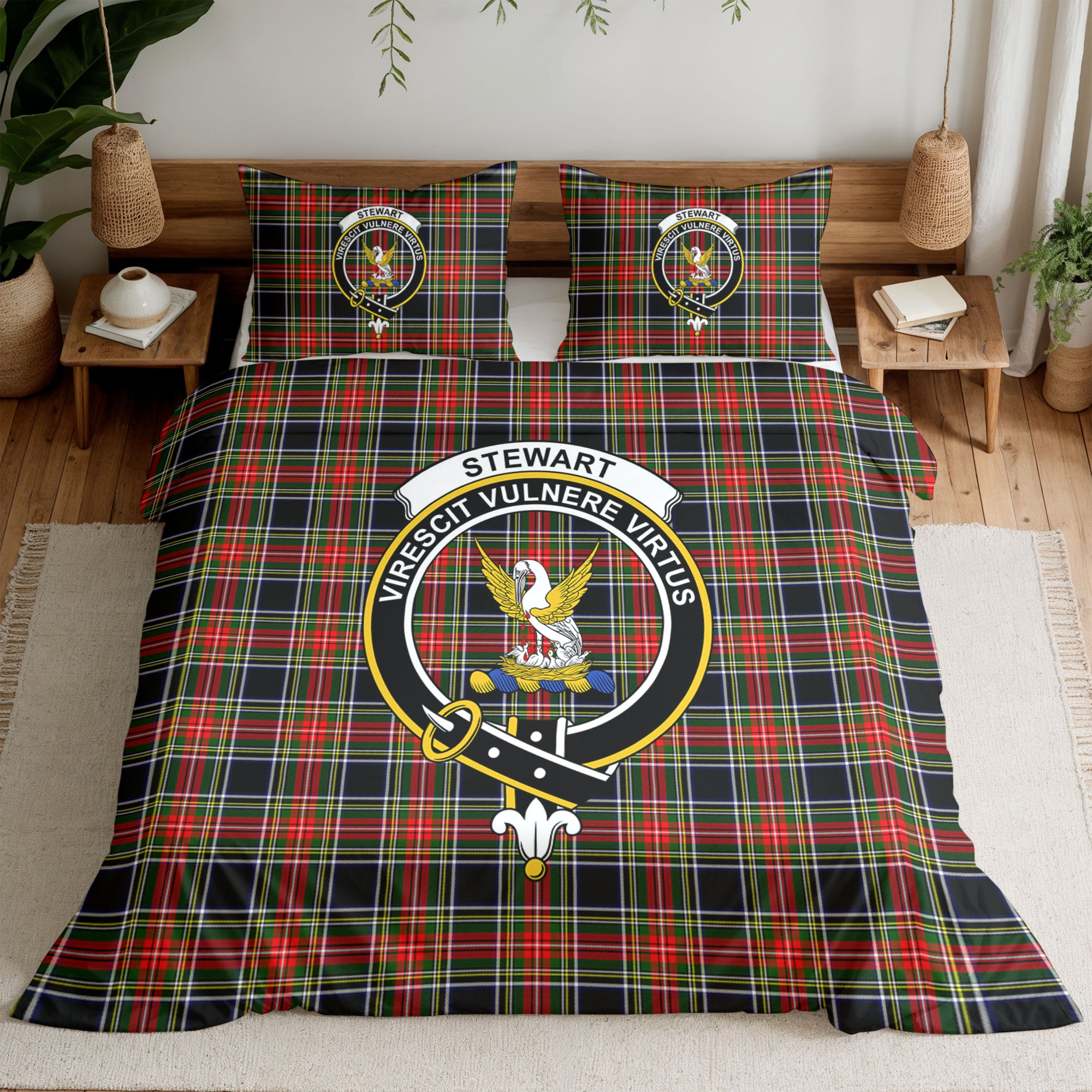 Stewart Black Tartan Crest Bedding Set