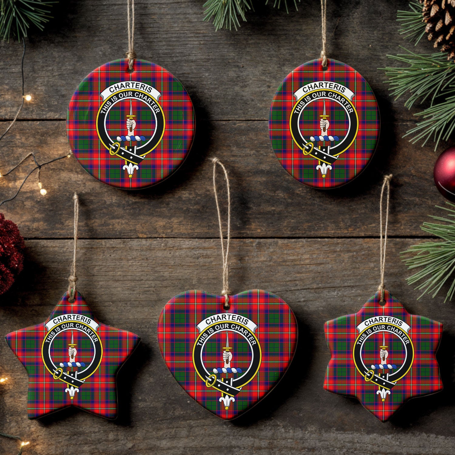 Charteris (Earl of Wemyss) Tartan Crest Christmas Ceramic Ornament