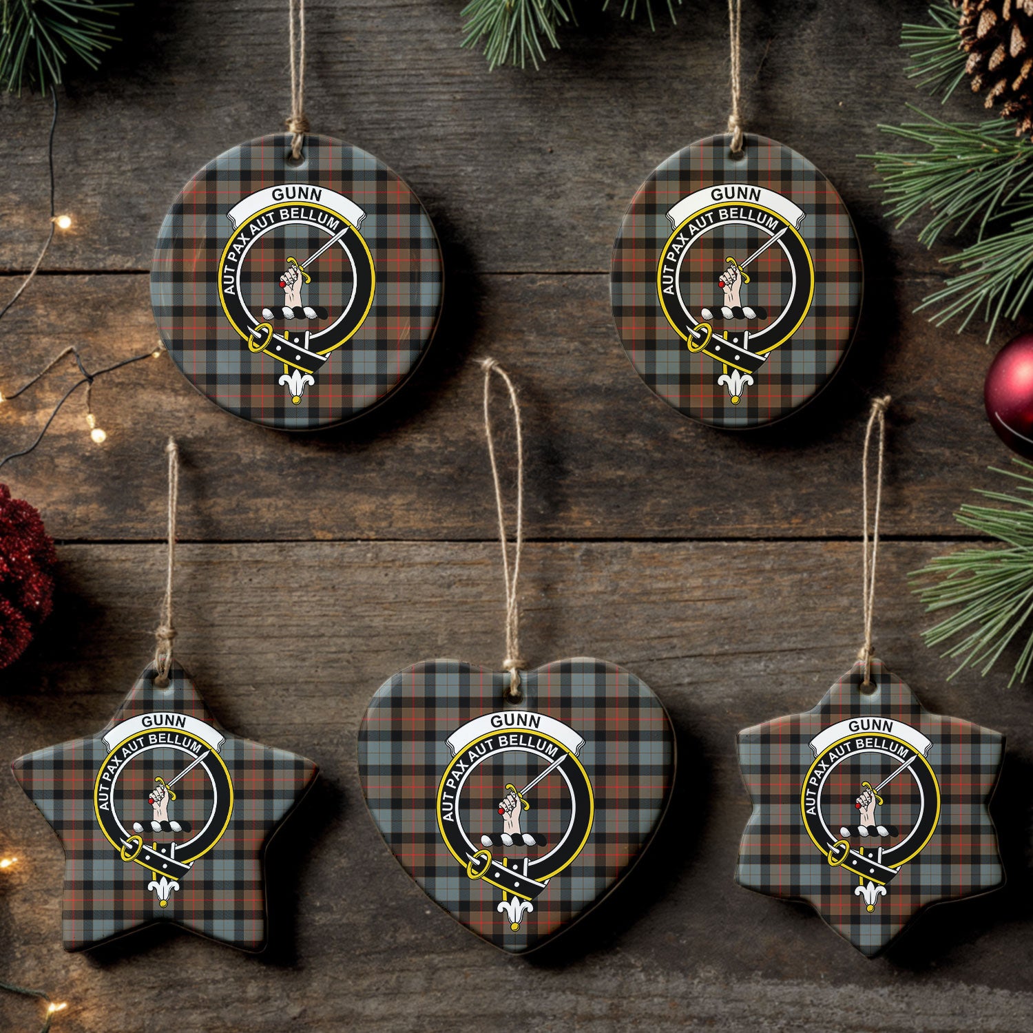 Gunn Weathered Tartan Crest Christmas Ceramic Ornament