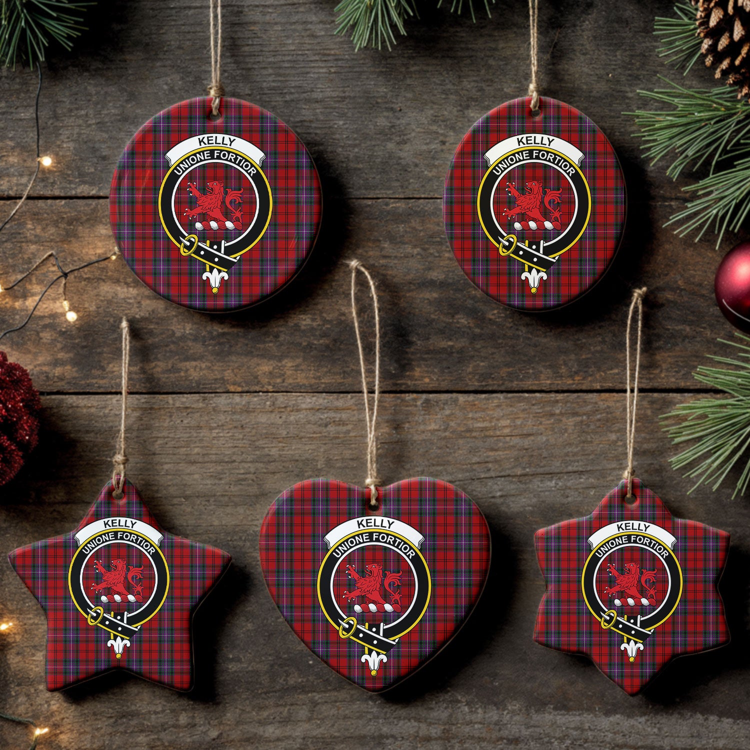 Kelly of Sleat Red Tartan Crest Christmas Ceramic Ornament