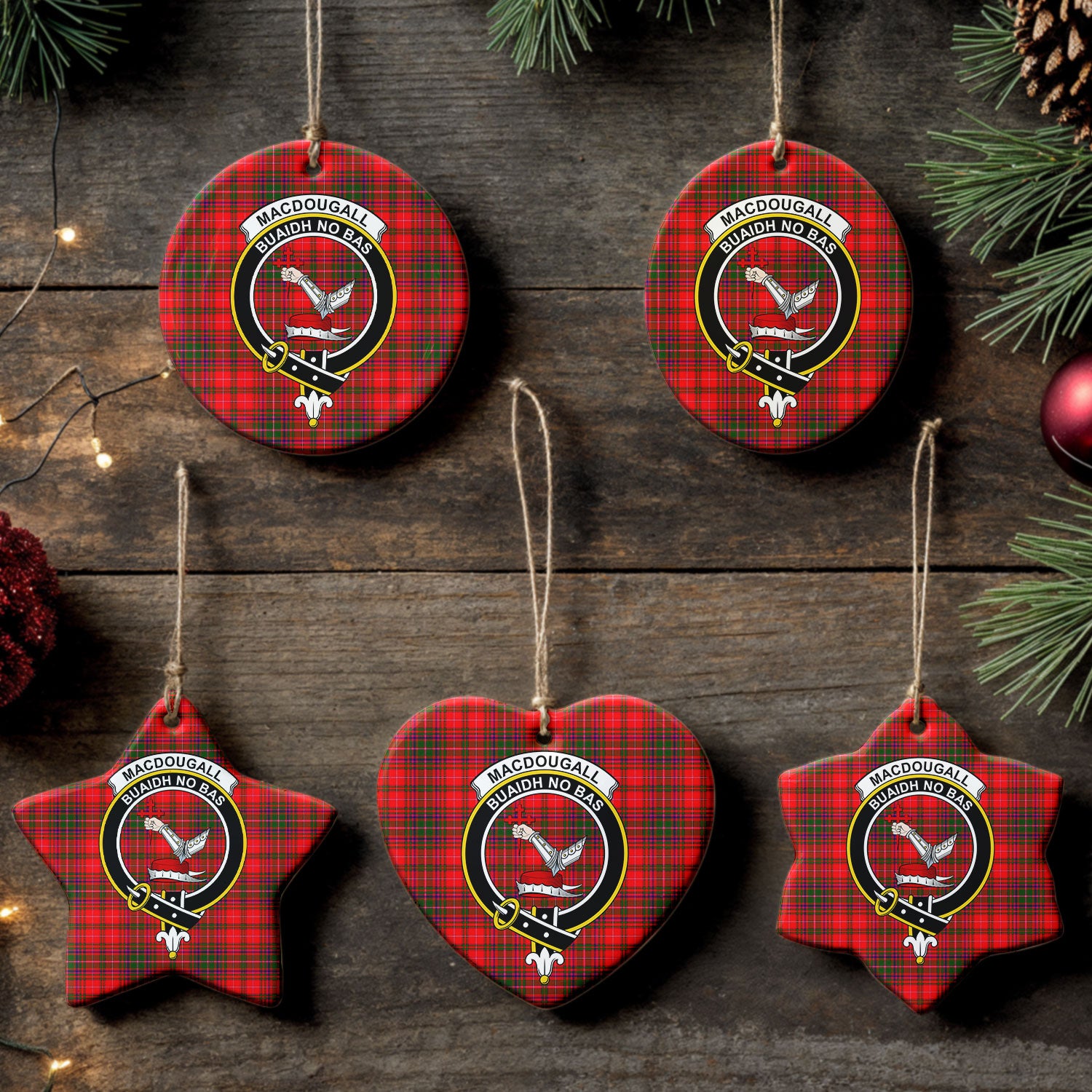 MacDougall Modern Tartan Crest Christmas Ceramic Ornament