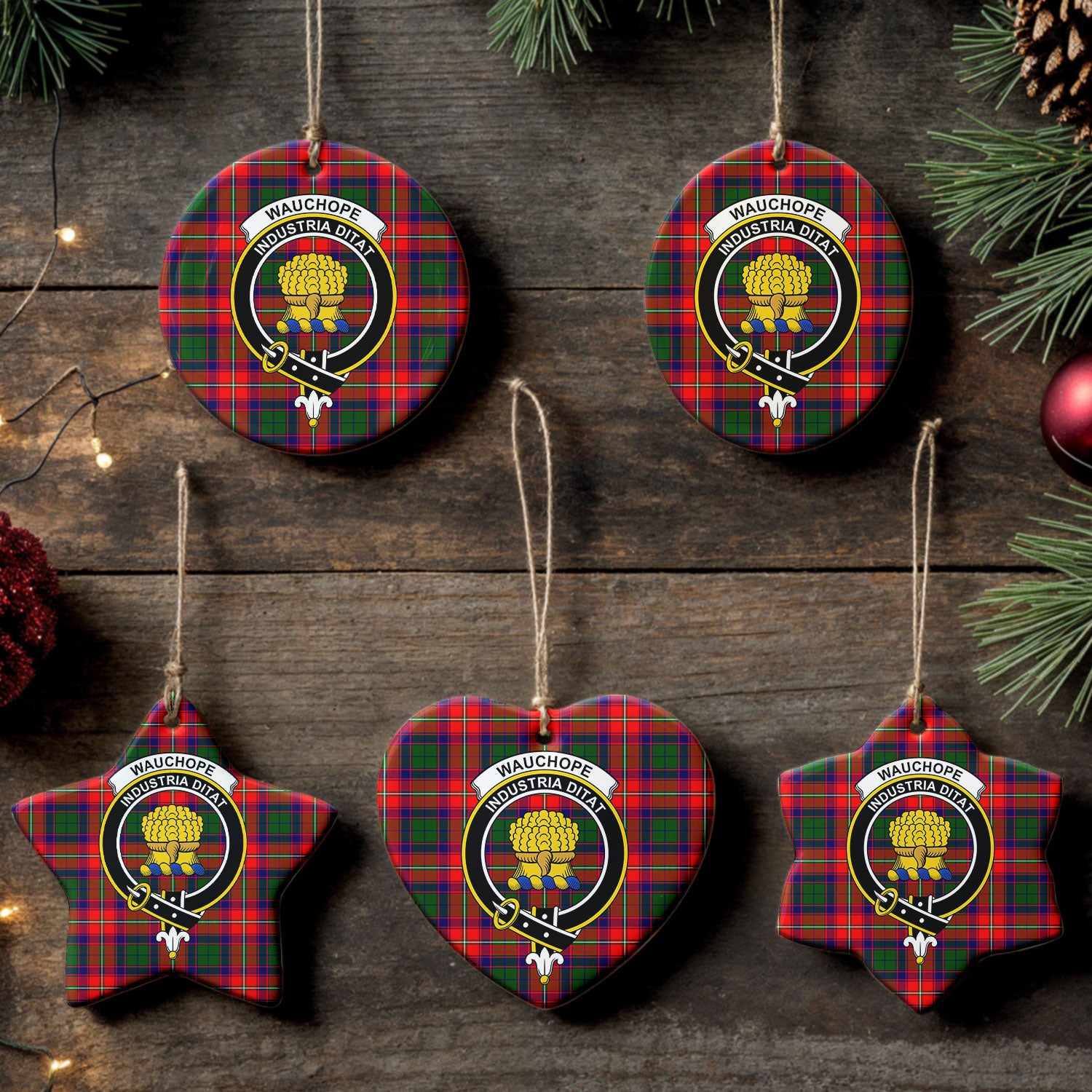 Wauchope (or Waugh) Tartan Crest Christmas Ceramic Ornament