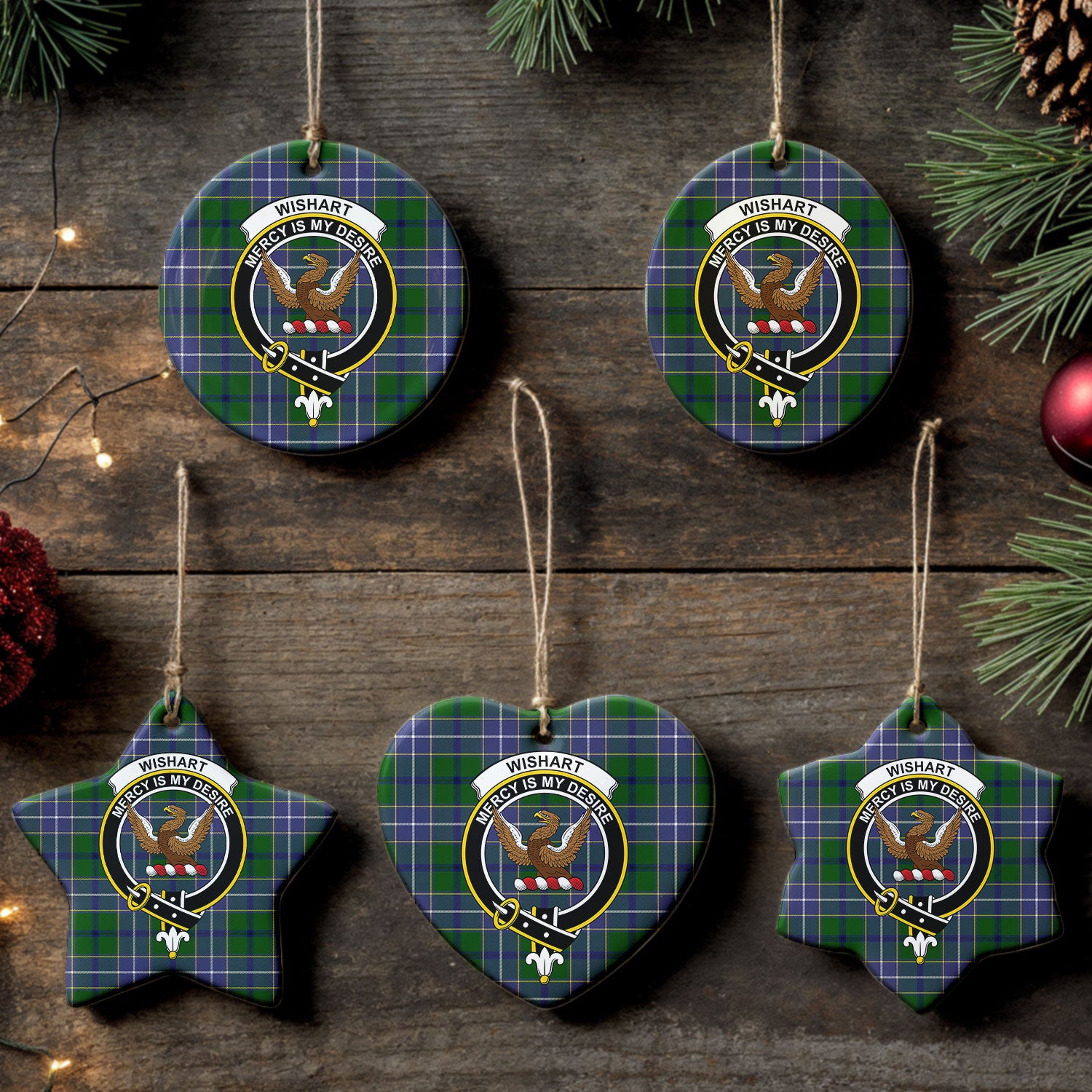 Wishart Hunting Tartan Crest Christmas Ceramic Ornament