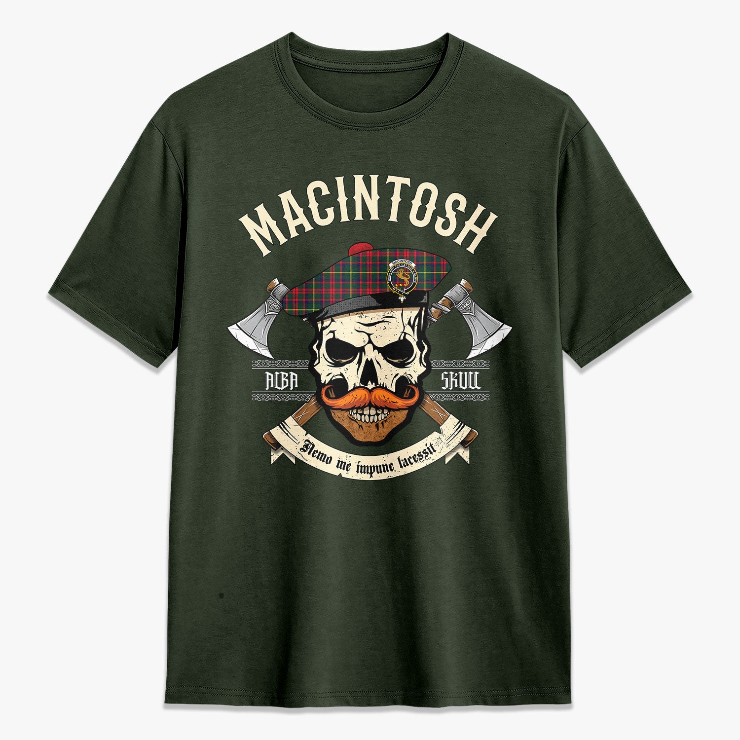 MacIntosh Hunting Modern Tartan Crest 2D T-shirt - Alba Skull Style