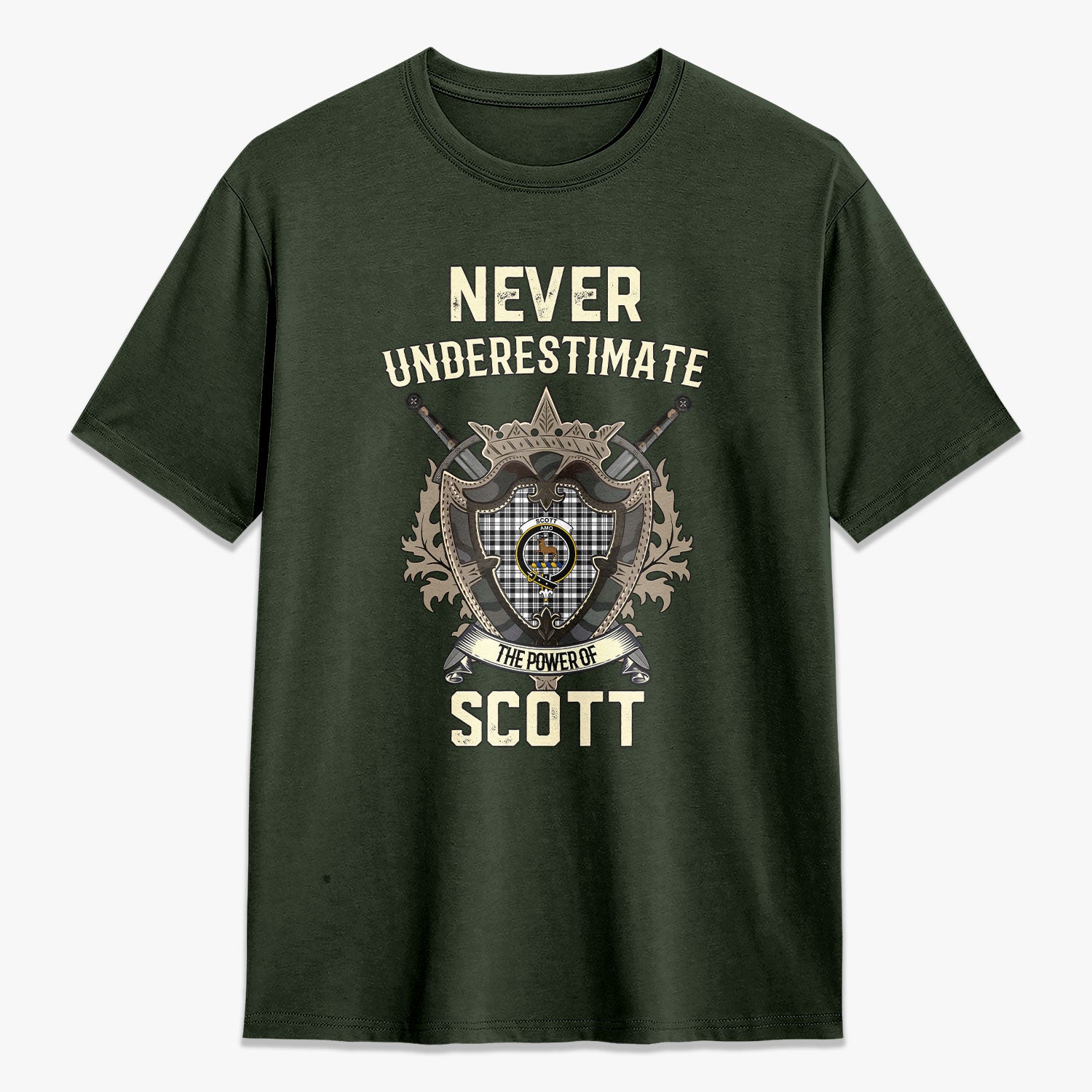 Scott Black & White Modern Tartan Crest 2D T-shirt - Never Underestimate Style