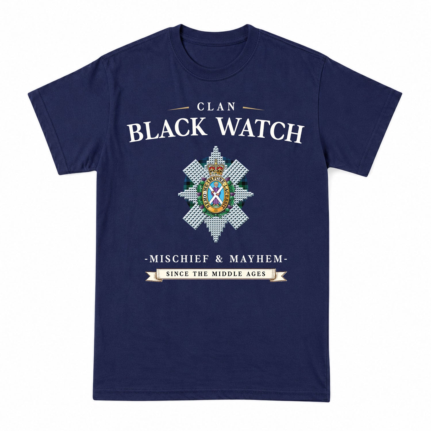 Black Watch Ancient Tartan Crest Mischief and Mayhem T-shirt