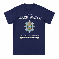 Black Watch Weathered Tartan Crest Mischief and Mayhem T-shirt