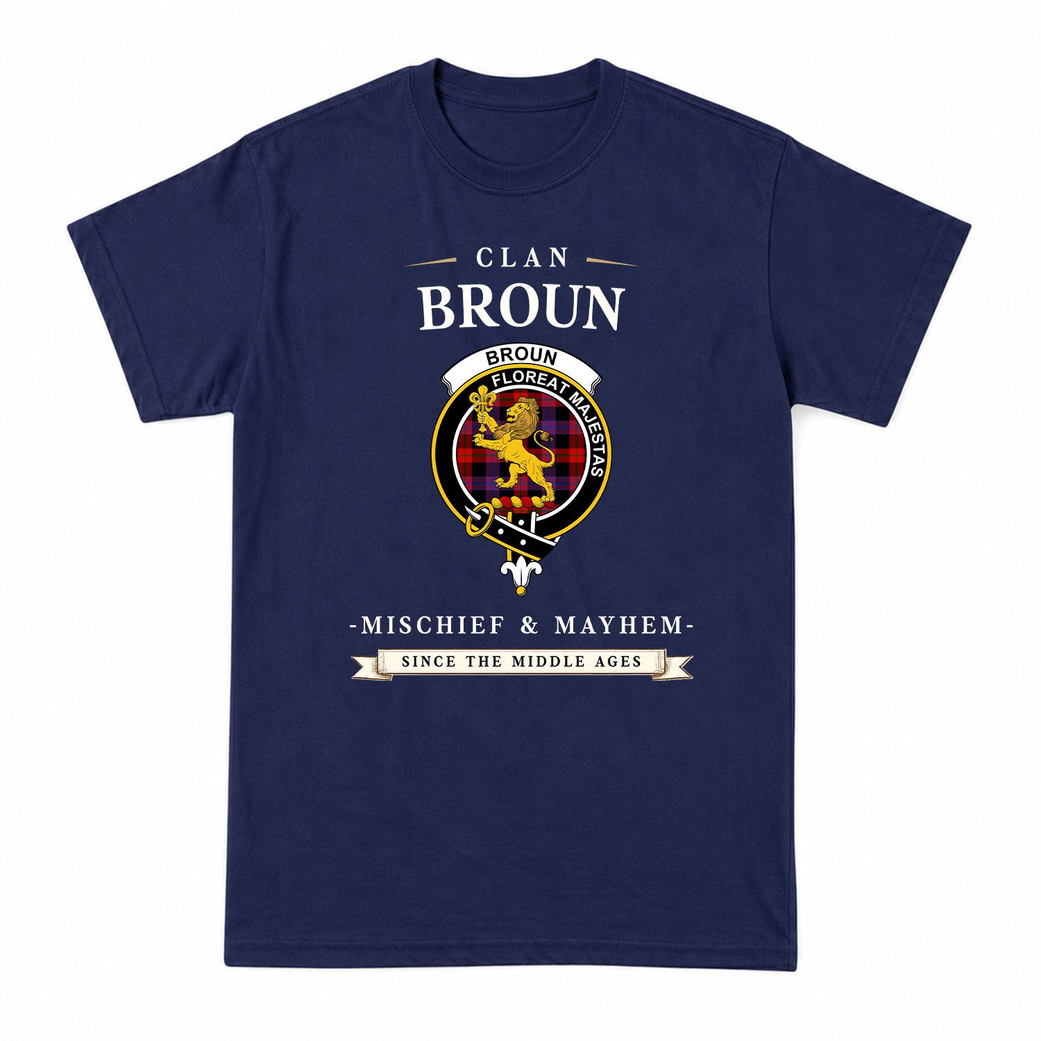 Broun Modern Tartan Crest Mischief and Mayhem T-shirt