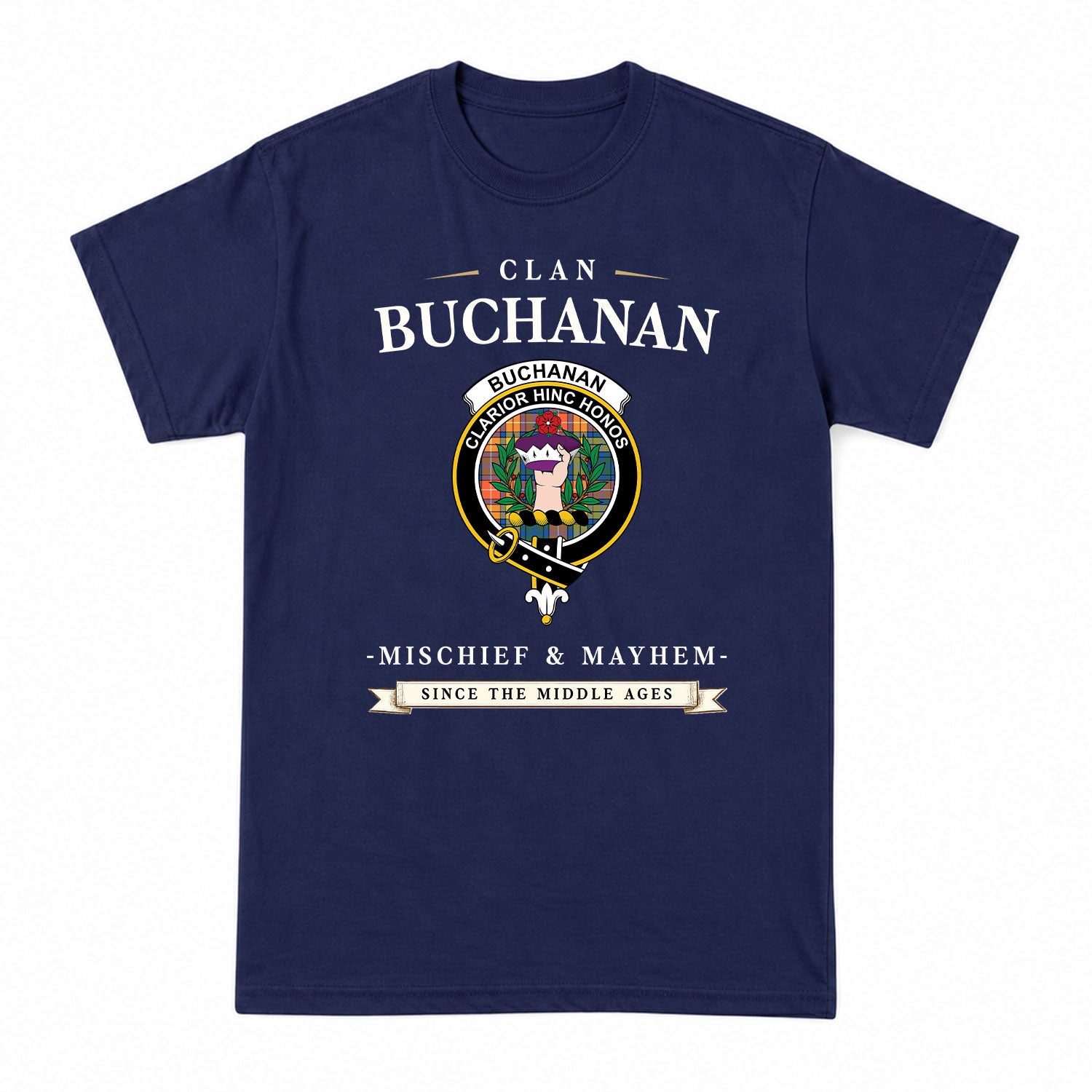 Buchanan Ancient Tartan Crest Mischief and Mayhem T-shirt