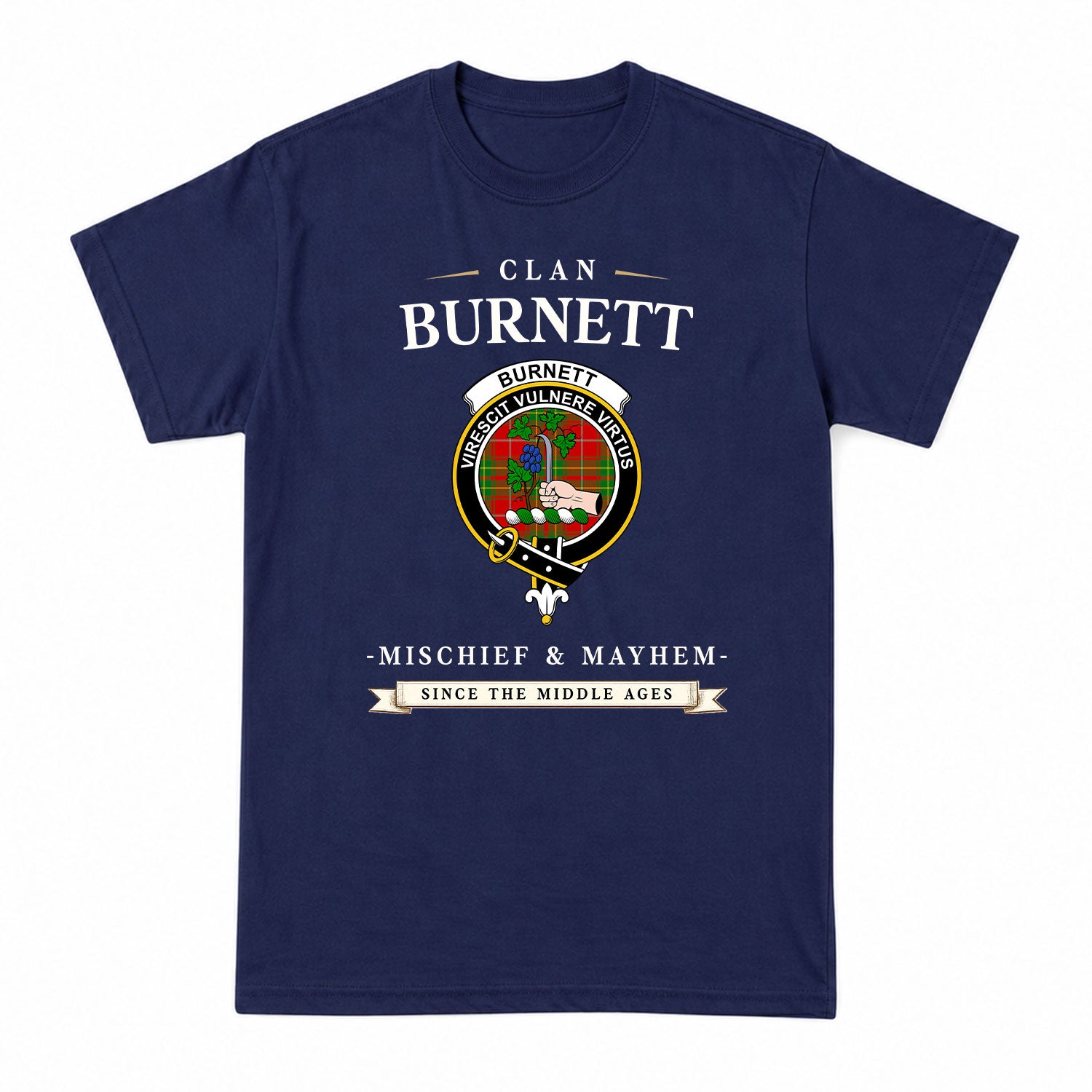 Burnett Ancient Tartan Crest Mischief and Mayhem T-shirt