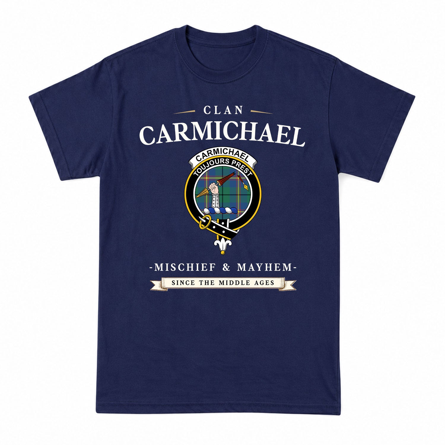 Carmichael Ancient Tartan Crest Mischief and Mayhem T-shirt