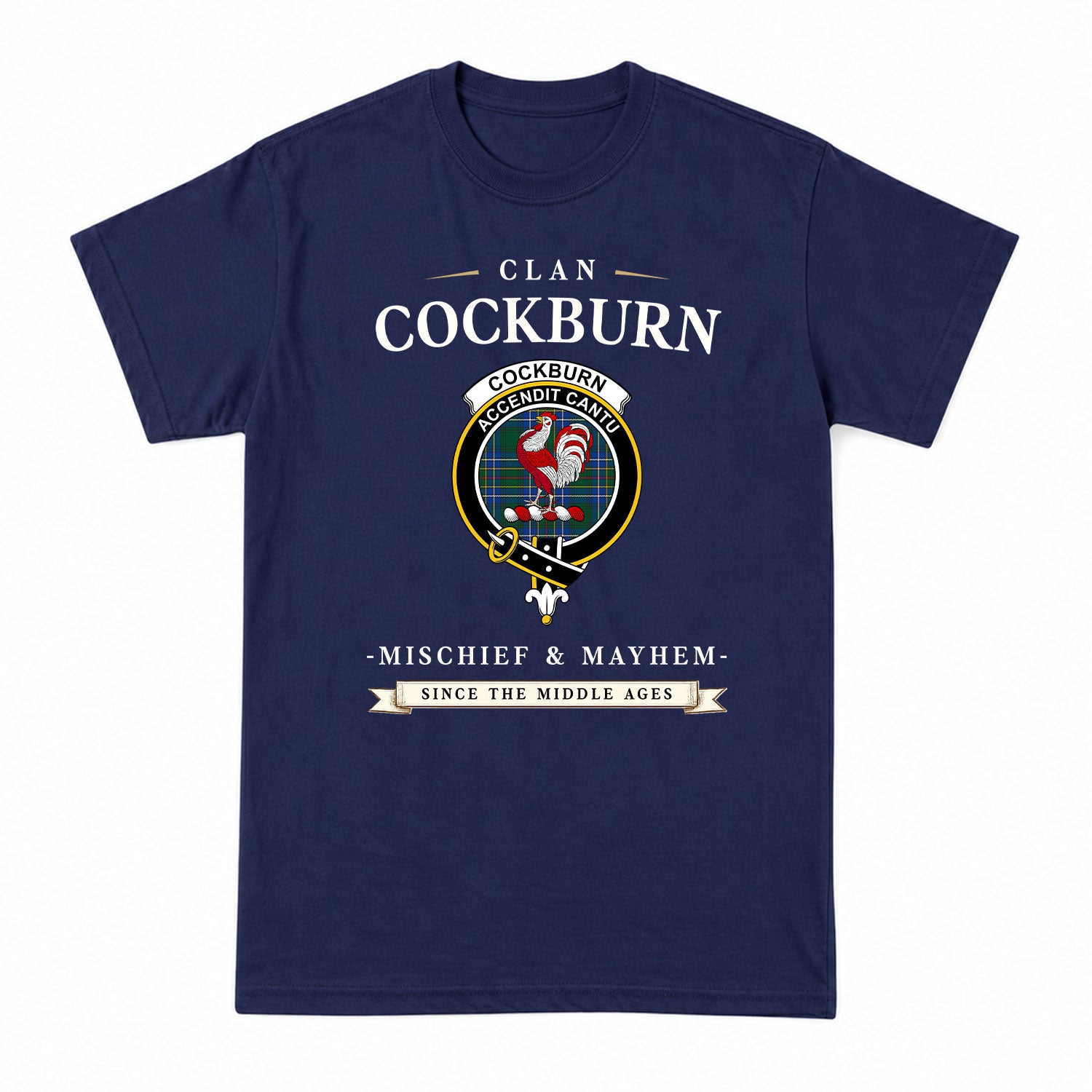 Cockburn Ancient Tartan Crest Mischief and Mayhem T-shirt