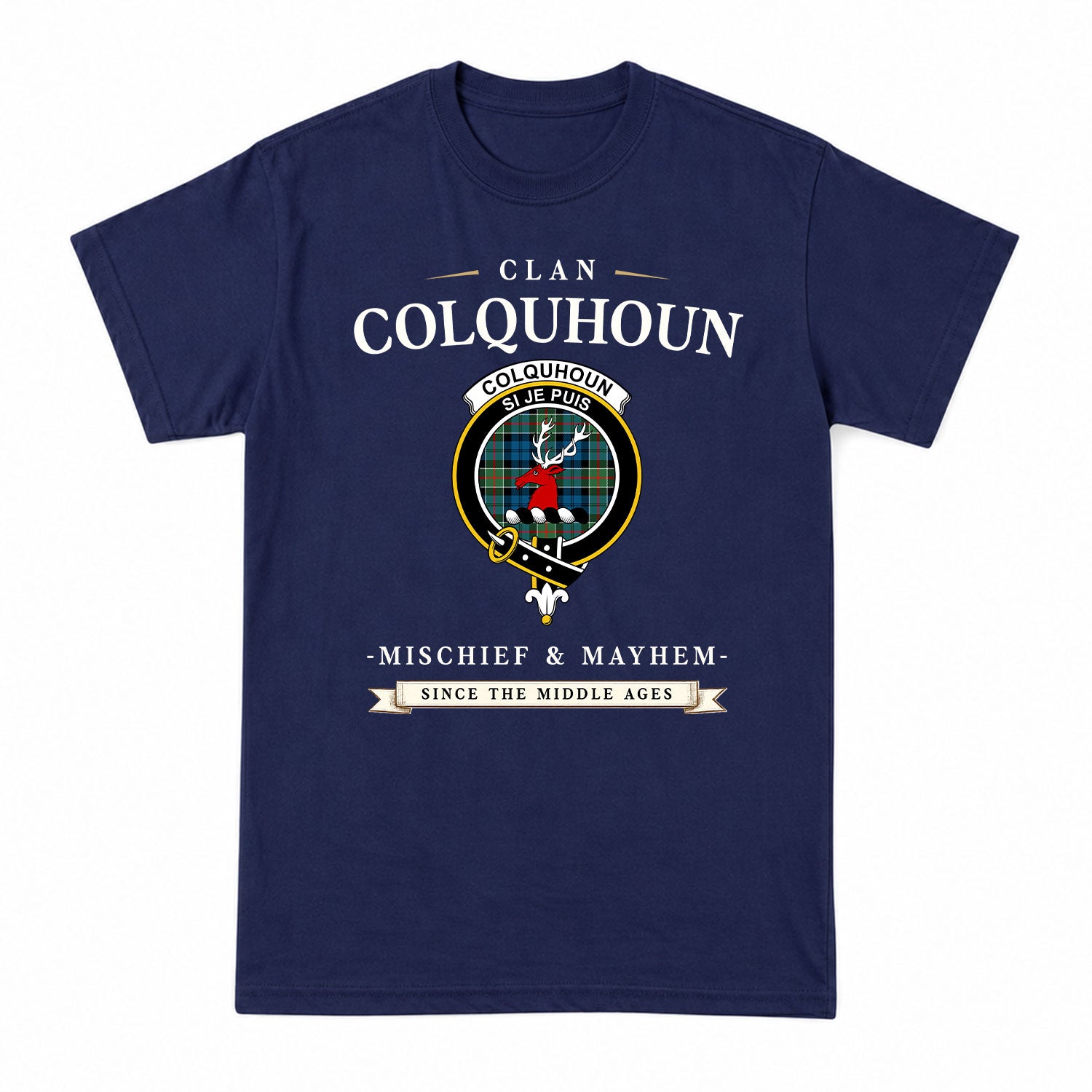Colquhoun Ancient Tartan Crest Mischief and Mayhem T-shirt