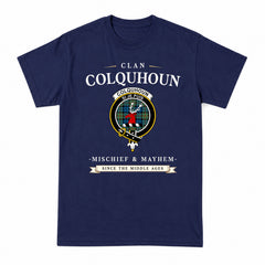 Colquhoun Ancient Tartan Crest Mischief and Mayhem T-shirt