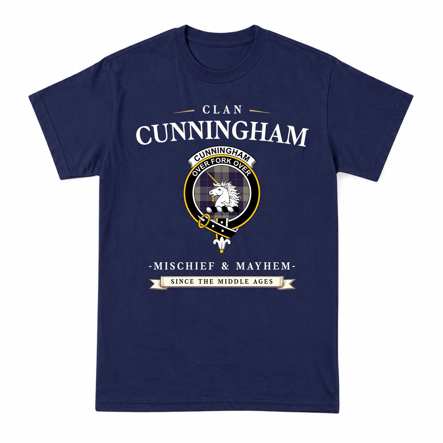 Cunningham Dress Blue Dancers Tartan Crest Mischief and Mayhem T-shirt