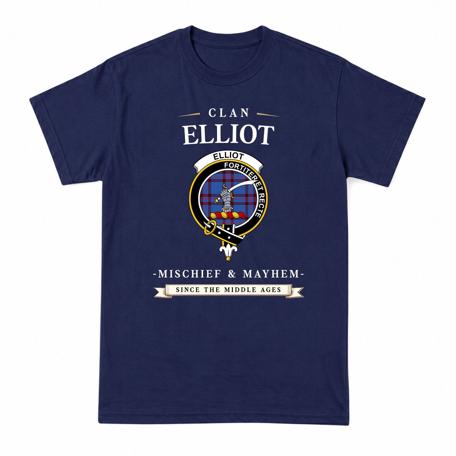 Elliot Modern Tartan Crest Mischief and Mayhem T-shirt