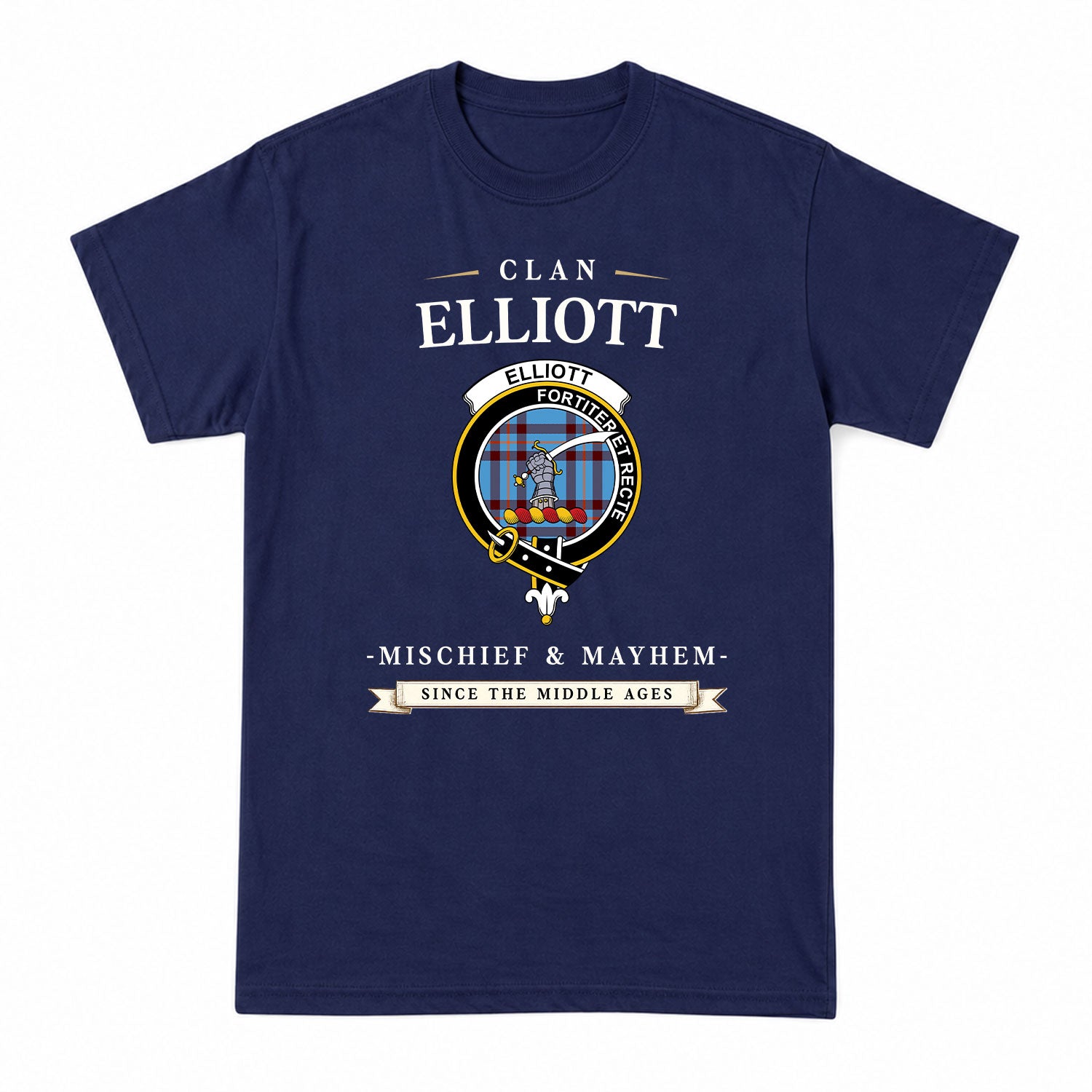 Elliott Ancient Tartan Crest Mischief and Mayhem T-shirt