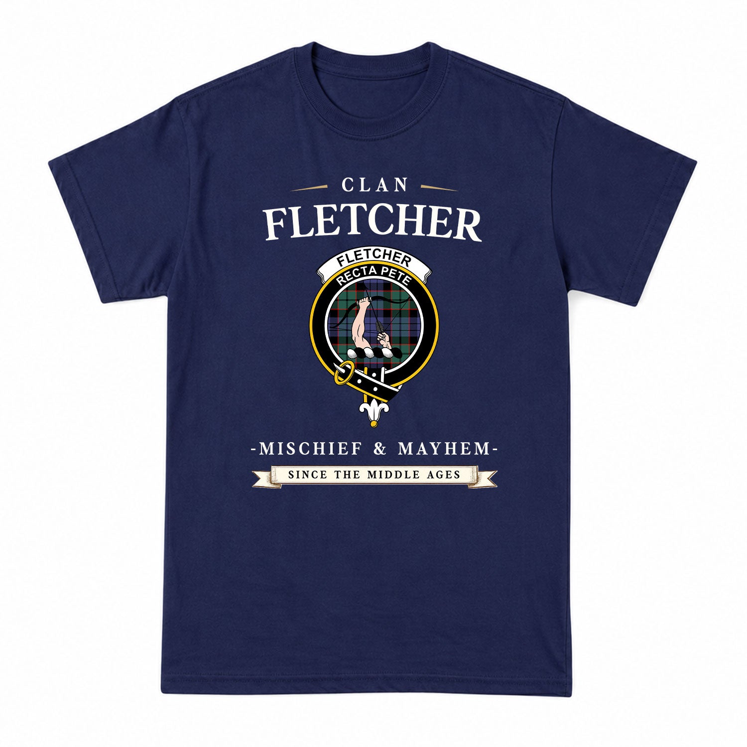 Fletcher Modern Tartan Crest Mischief and Mayhem T-shirt