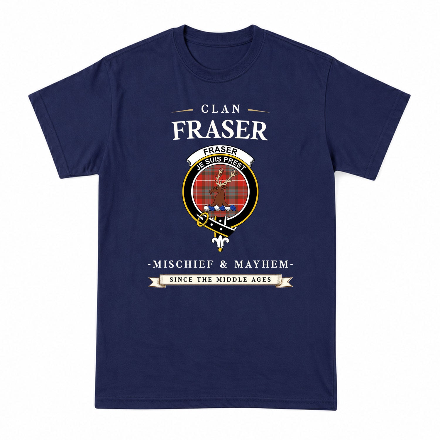 Fraser (of Lovat) Weathered Tartan Crest Mischief and Mayhem T-shirt