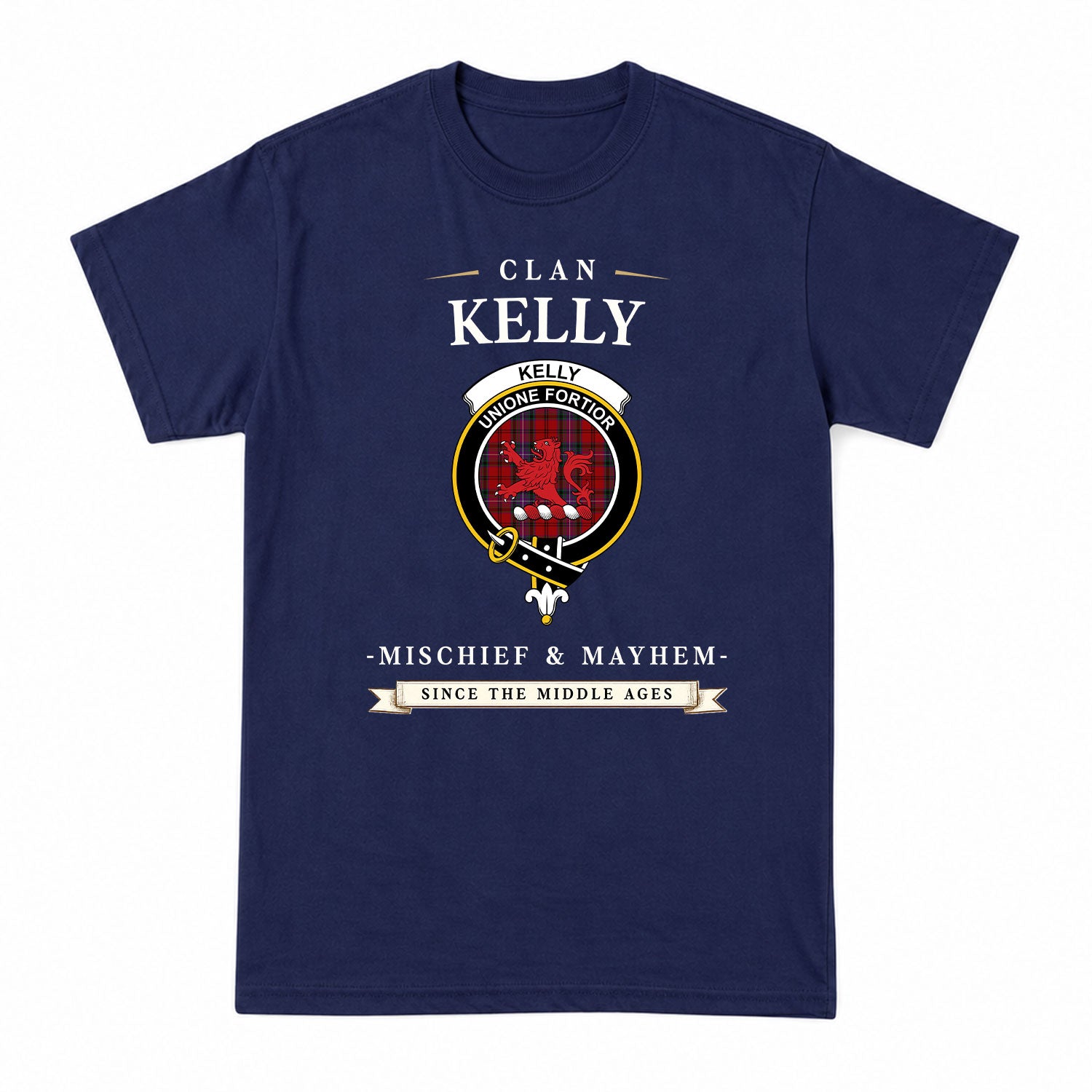 Kelly of Sleat Red Tartan Crest Mischief and Mayhem T-shirt