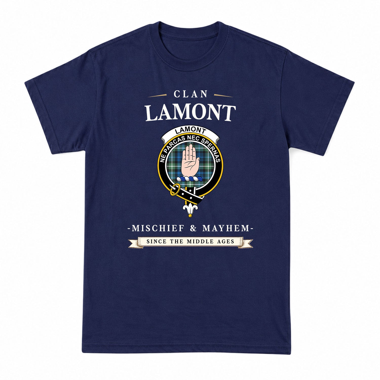 Lamont Ancient Tartan Crest Mischief and Mayhem T-shirt