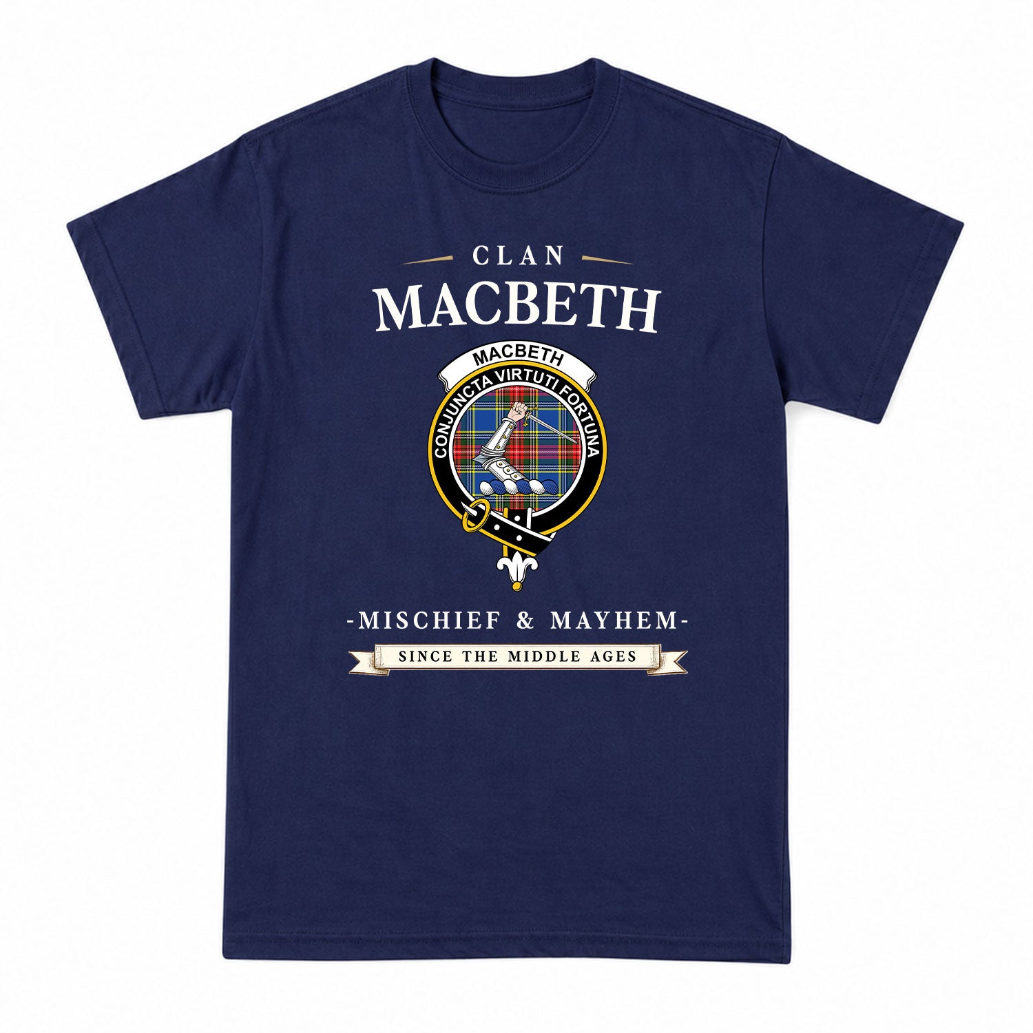 MacBeth Modern Tartan Crest Mischief and Mayhem T-shirt