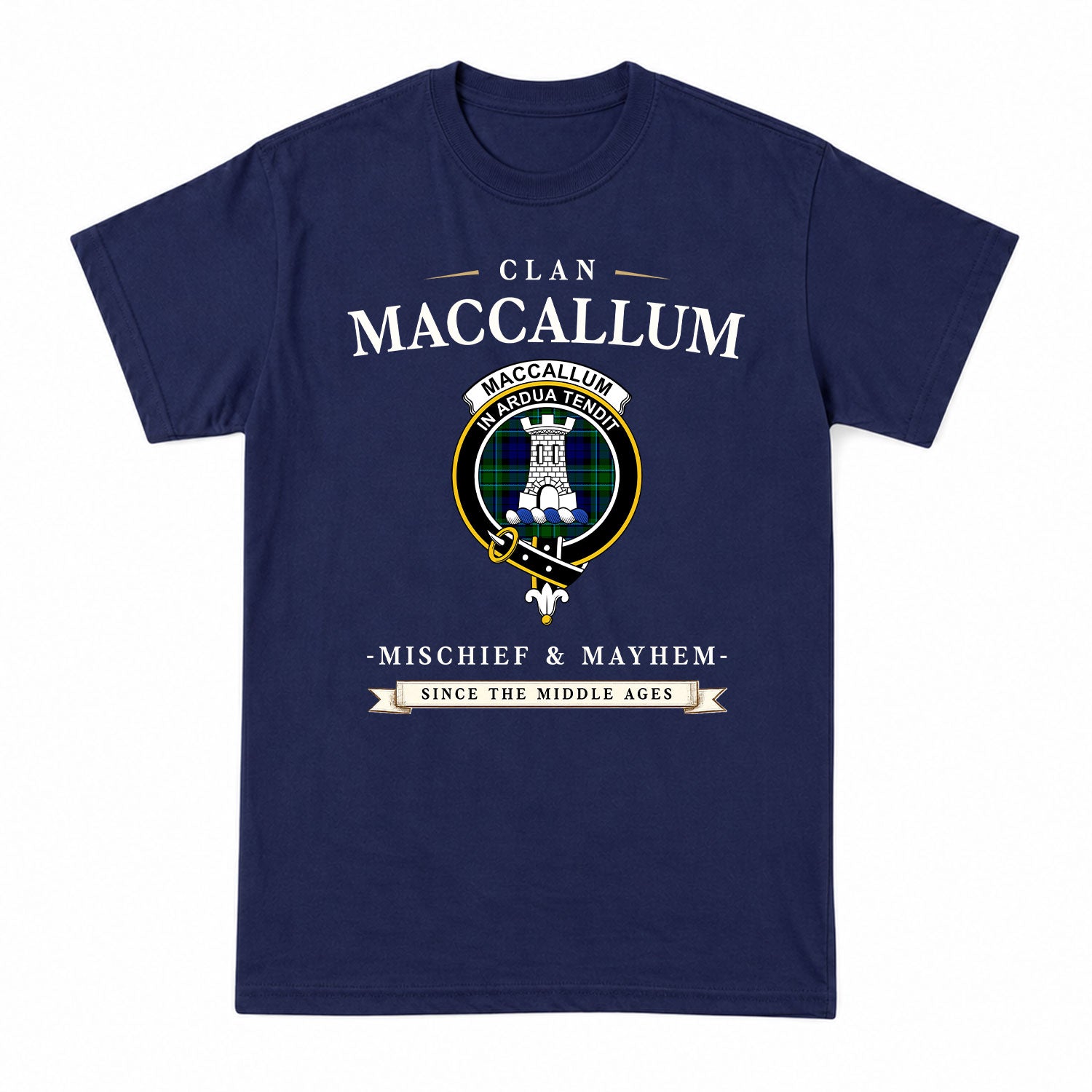 MacCallum Modern Tartan Crest Mischief and Mayhem T-shirt