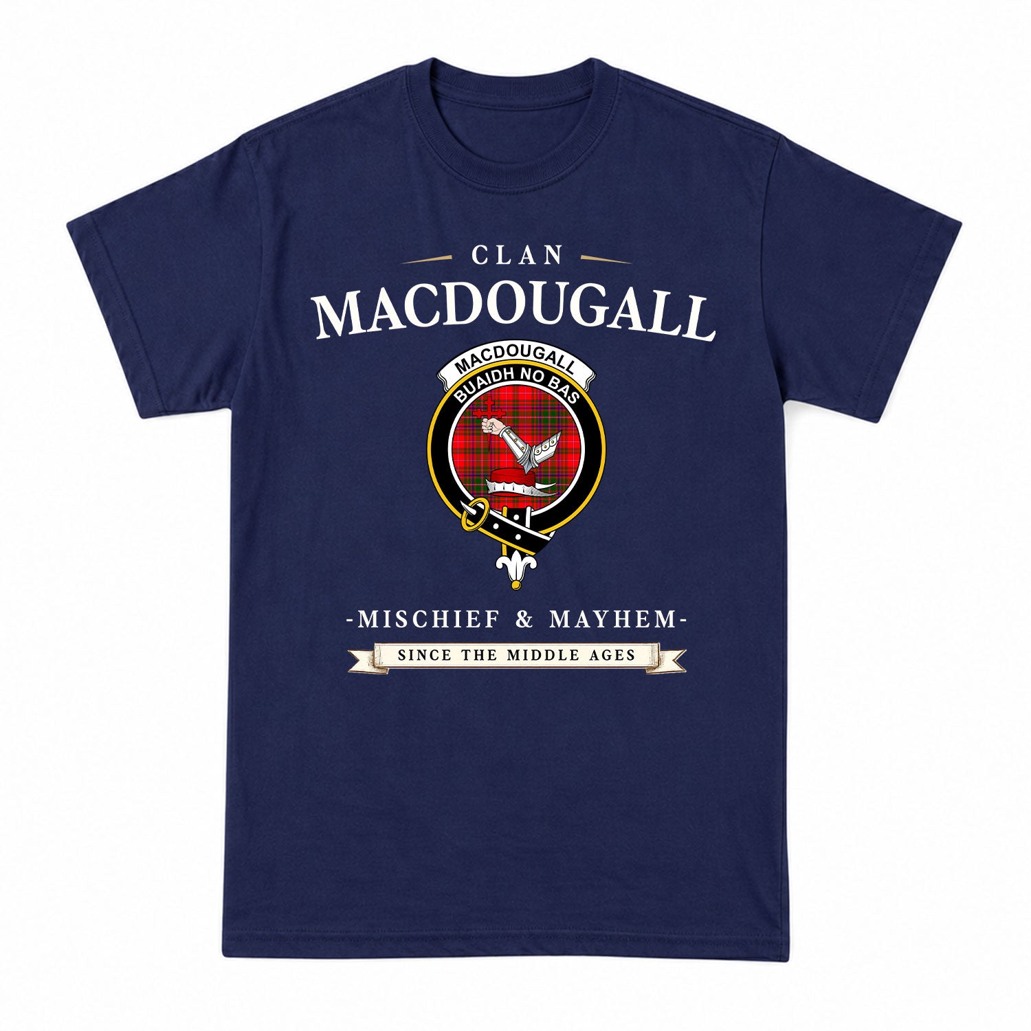MacDougall Modern Tartan Crest Mischief and Mayhem T-shirt