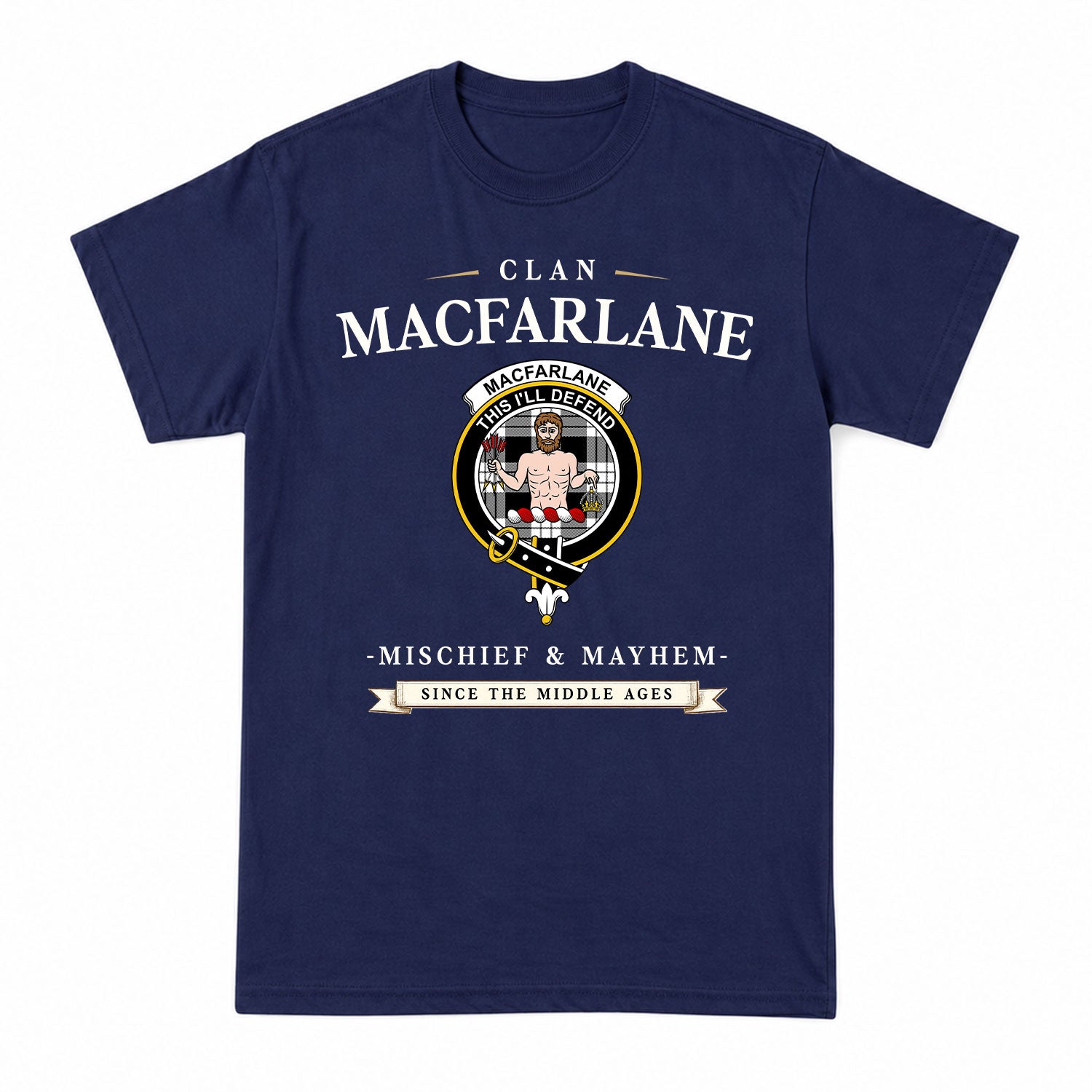 MacFarlane Black - White Tartan Crest Mischief and Mayhem T-shirt
